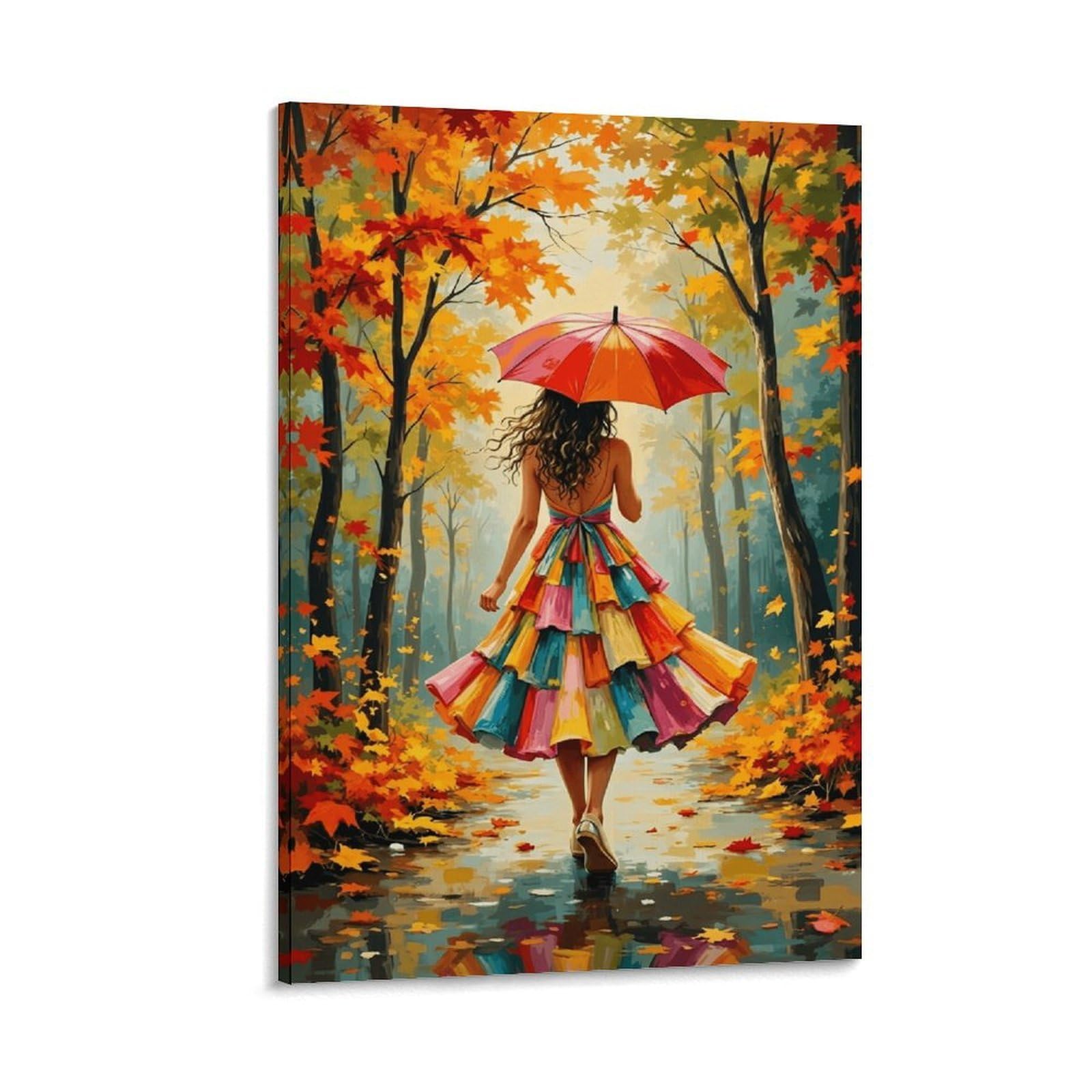 XPASHIQWC Woman with Umbrella Wall Decor Poster Autumn Forest Giclee Canvas Prints Modern Wall Art Picture Wall Hanging for Living Room Home Decorations 20x30inch(50x75cm)