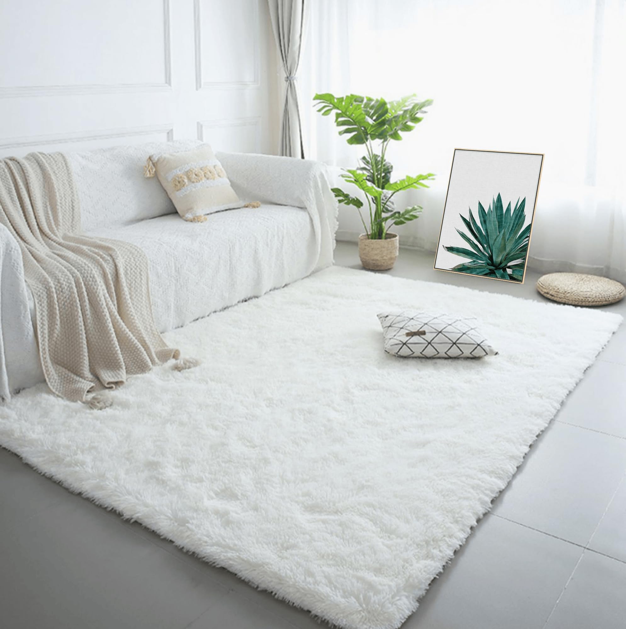Tapis salon shaggy blanc lavable 100x120 cm