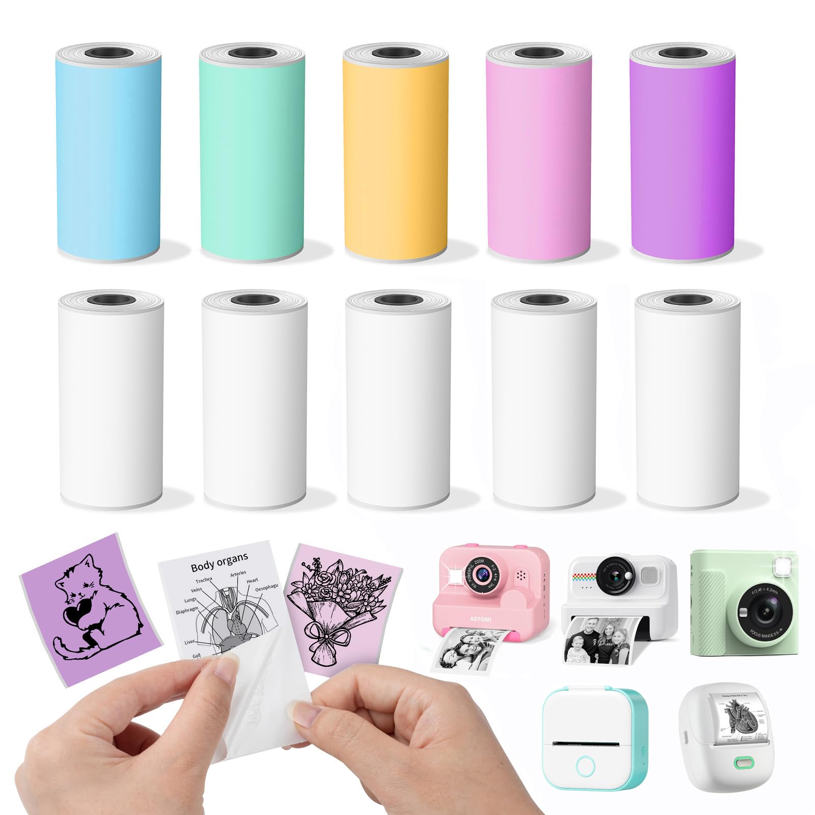 10 Roules de Papier Autocollant Compatibles avec ORGSTA S002/Memoking T02 Q02E/Lovcoyo X6 Mini Imprimante Thermique, Rouleau de Papier 2'' pour Caméras Instantanées Enfants, Multicolore, Sans BPA