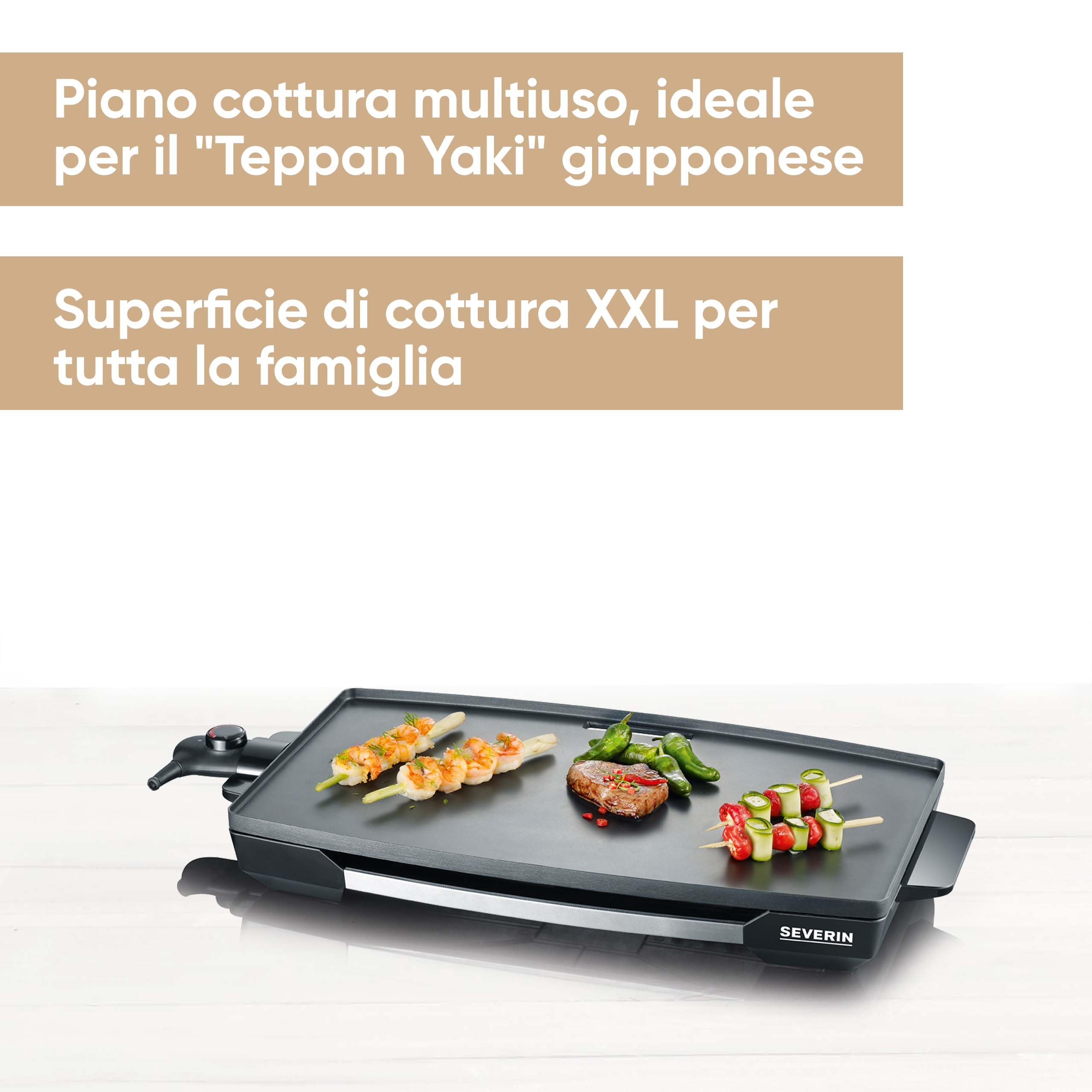 SEVERIN KG 2397 Piano cottura XXL da 2200 Watt, Superficie di cottura multiuso, Piastra in alluminio pressofuso antiaderente, Piastra antiaderente da 2052 cm quadri, Acciaio/nero