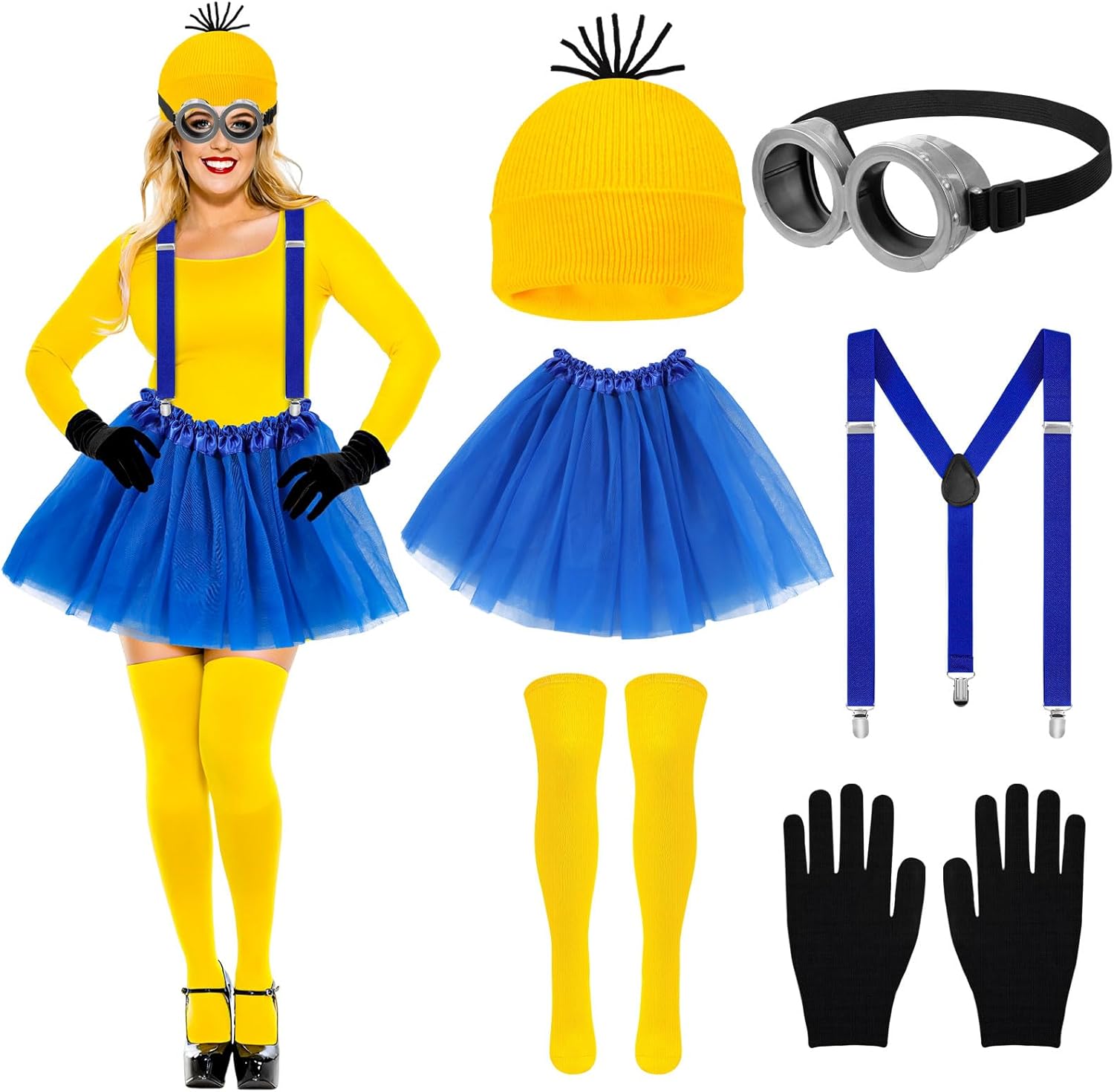 Halloween Costume Accessories Set Adult Women Goggles/Yellow Beanie/Blue Skirt/Suspenders/Gloves/Stockings for Halloween Cosplay Dress Up