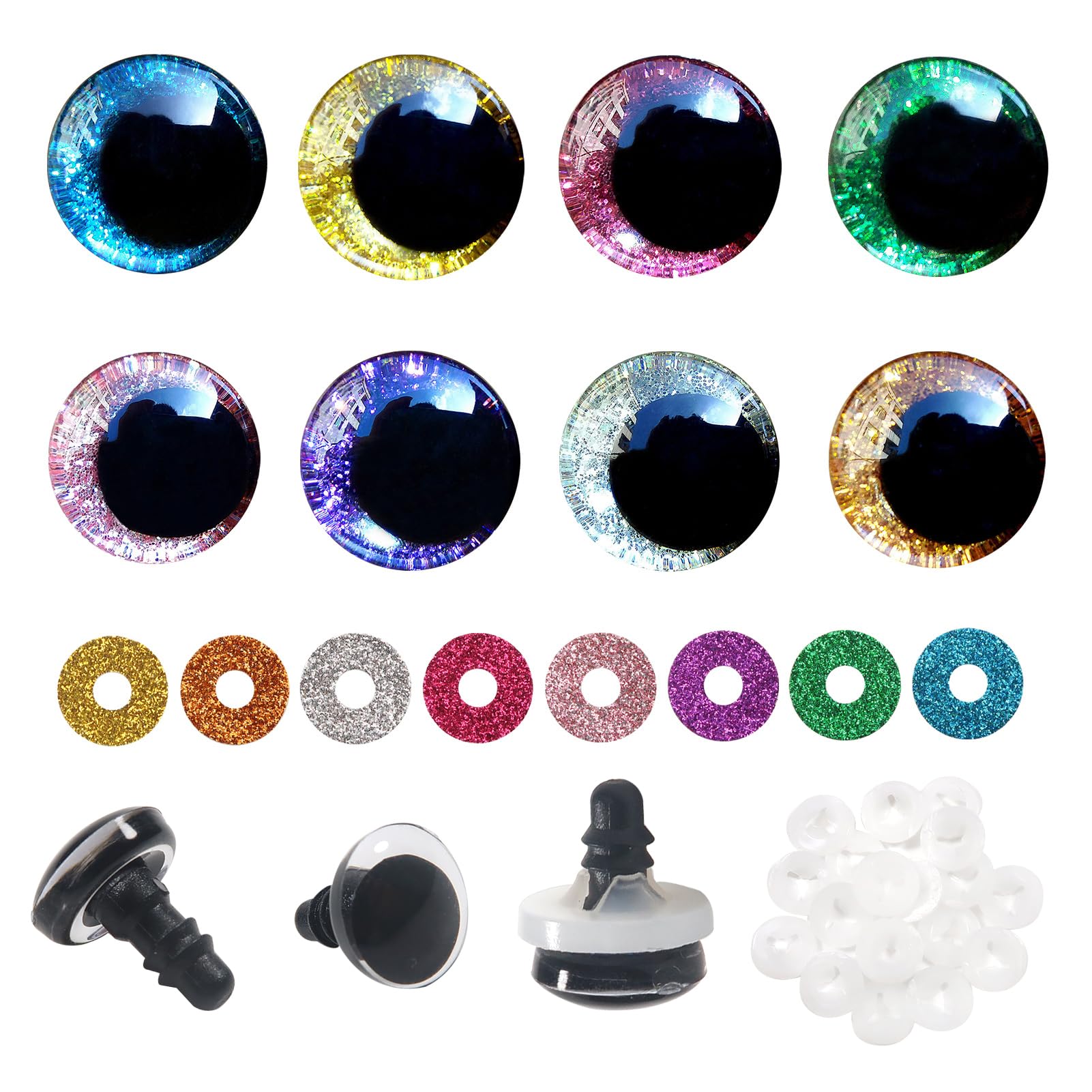 TOAOB 64 Sets 12 mm Glitter Safety Eyes Doll Eyes Animals Eyes Plastic Craft Eyes Glitter Colourful Eyes with Washers for Crochet Animals Puppet Making