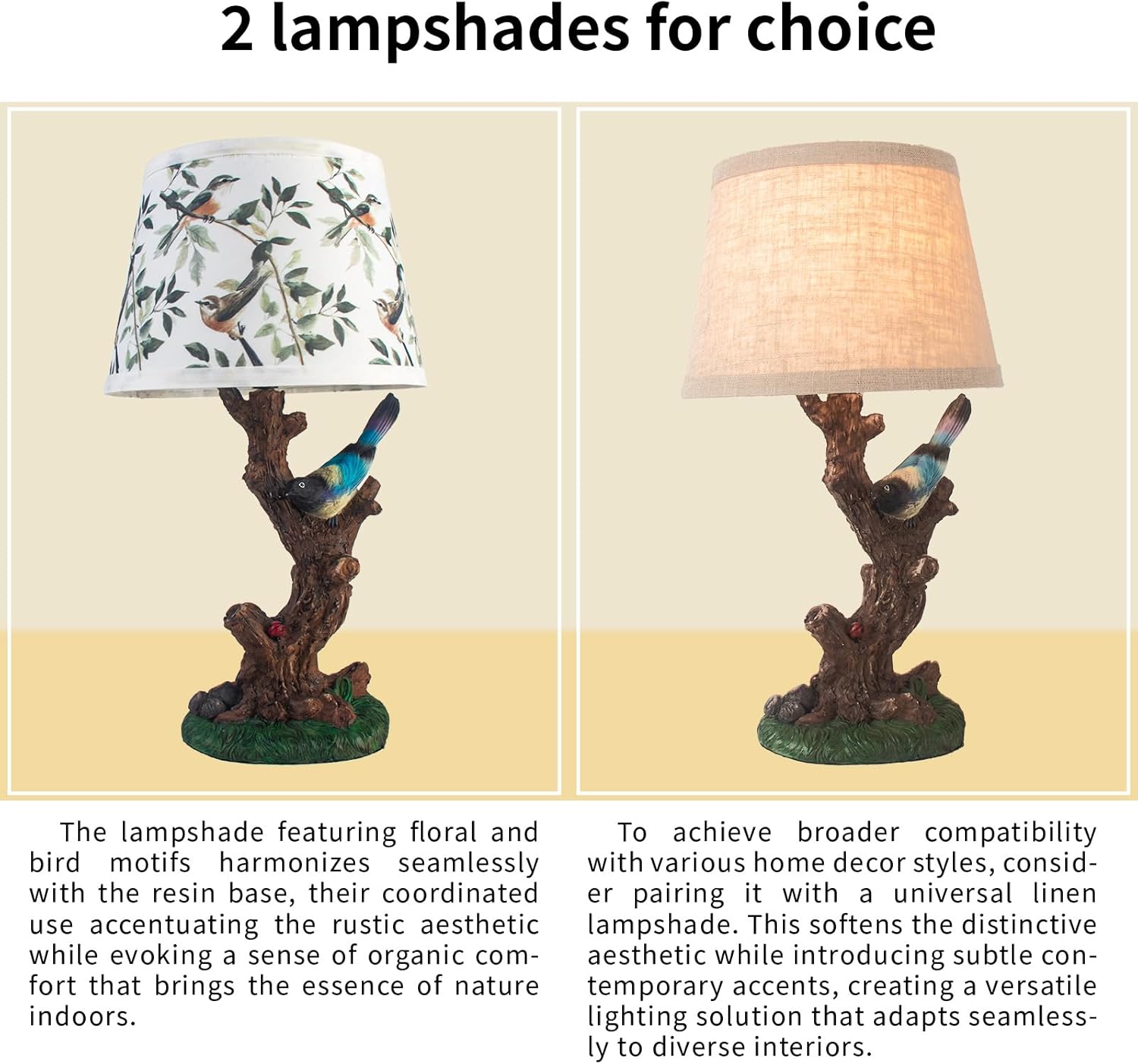 FIRVRE Classy Bird Table Lamp, Bedside Lamps with Fabric Linen Lamp Shade,Resin Nightstand Lamp, Branches Decorative Desk Lamp for Bedroom Living Room, Home Office