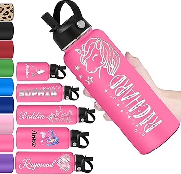 Personalized Water Bottles for Kids Custom with Straw 12 18 24 32 40 oz Customized Engraved Insulated Stainless Steel Water Bottles with Name lcon Style-Deep Pink