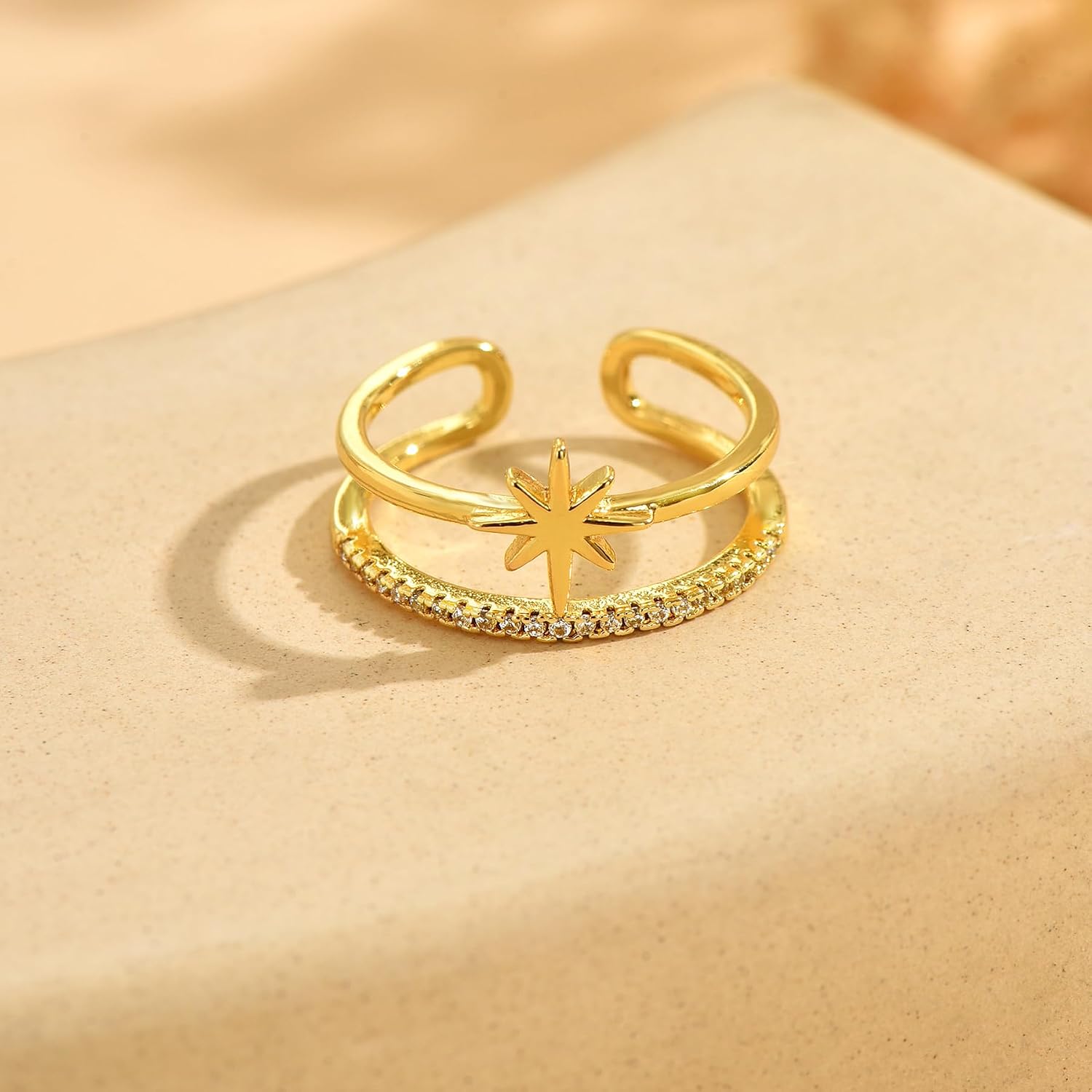 Cubic Zirconia Ring for Women, 18K Gold Plated Dainty Cross Flower Moon Star Open Rings, Adjustable Stackable Wedding Rings, Statement Promise Christian Jewelry Gift