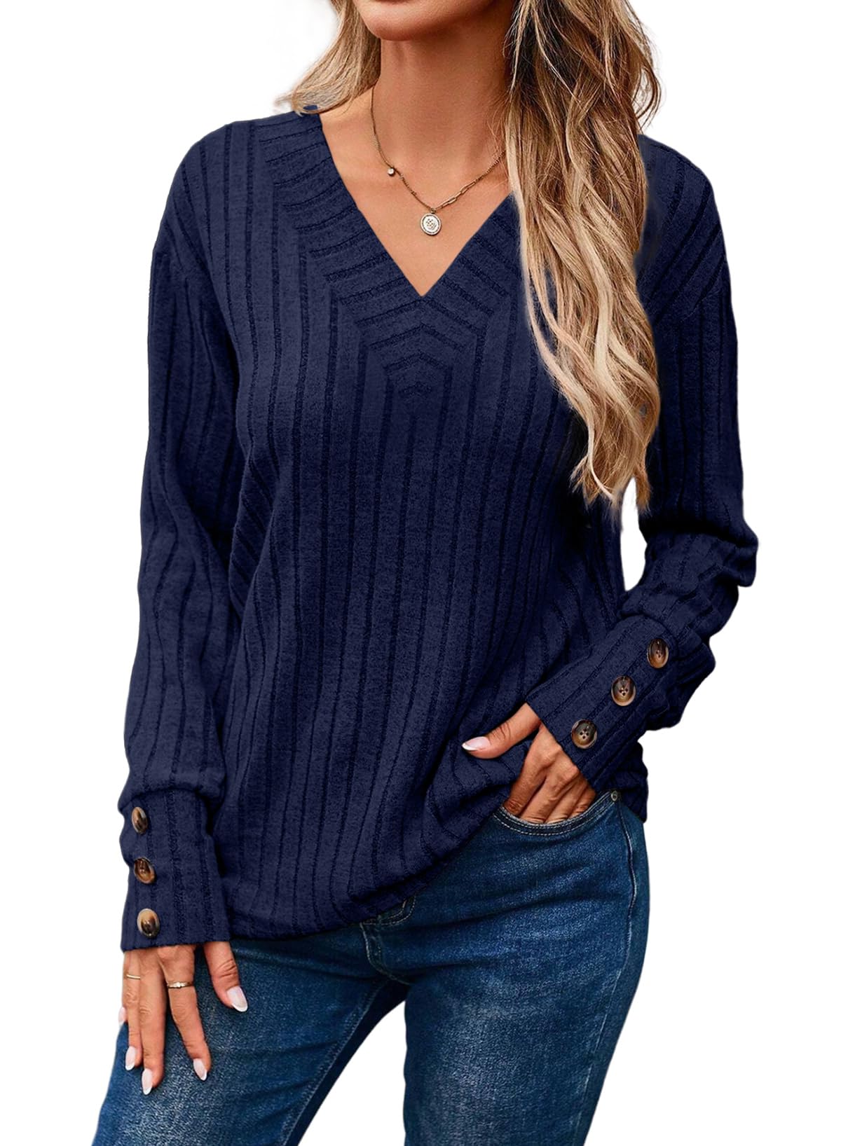 DokotooWomens Soft Long Sleeve V Neck Shirts Solid Casual Decorative Buttons Knitted Pullover Tunic Tops
