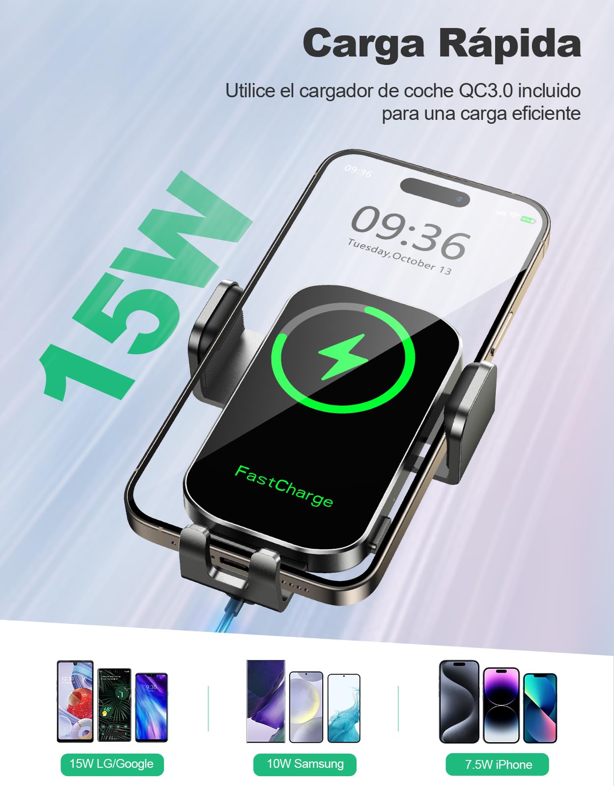 Glangeh Cargador Inalambrico Coche, Soporte Movil Coche Salpicadero con Sujeción Automática, Soporte Coche Movil de 15W para Ventilación de Parabrisas y Salpicadero, Compatible con iPhone etc 4.7-6.9"