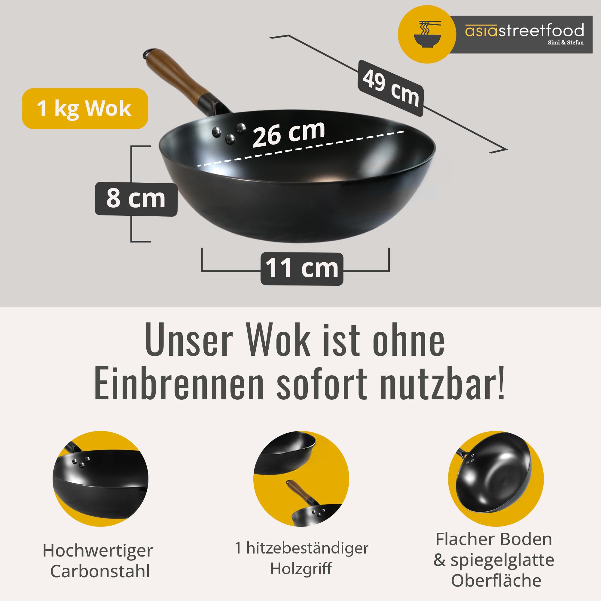 El wok perfecto, diámetro de 26 cm, robusto wok de acero al carbono con base plana, mango de madera, apto para cocinas de gas, inducción y vitrocerámica, sin quemar para platos