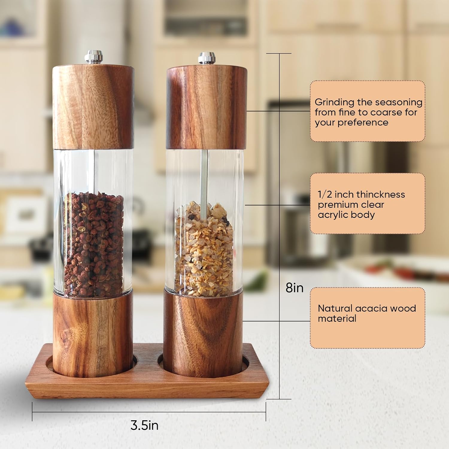 Vintage Gold Salt and Pepper Grinder Set with Wooden Tray – 8 Inch Manual Pepper Mill & Salt Shaker, Adjustable Ceramic Core, 2-Pack for Kitchen, BBQ, Home Gift