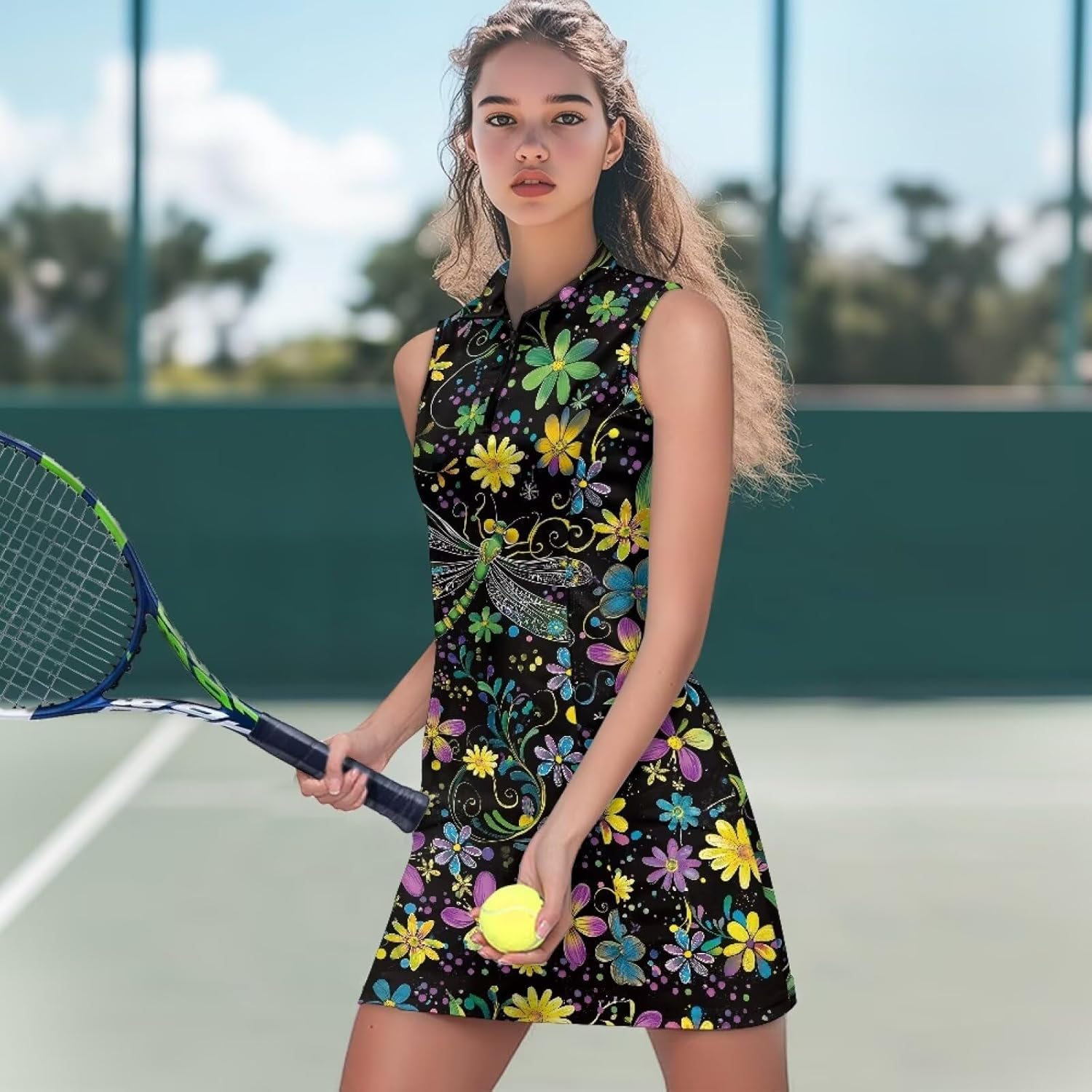 Suobstales Women's Golf Tennis Dress Sleeveless Sport Activewear Zipper V-Neck Workout Athletic Dress with Shorts and Pocket