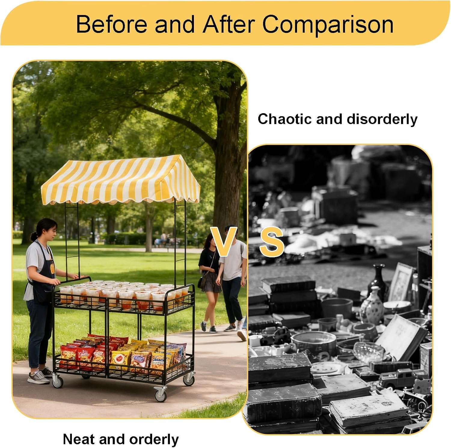 Folding Vendor Stall Cart with Canopy, Mobile Outdoor Cart for Street Vending,Commercial Display Stand for Market and Street Food (Yellow, 110x65CM/43 2/7 x25 3/5 in)
