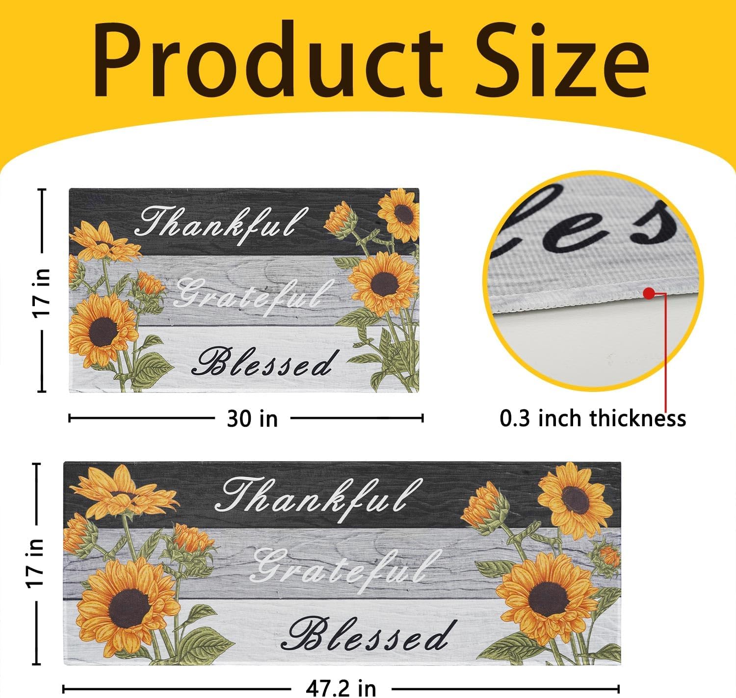 Sunflower Kitchen Rugs Set of 2 - Non Slip Washable Microfiber Kitchen Mats, Farmhouse Country Kitchens Rugs and Mats for Decor, Sink, Stove, Laundry, Machine Washable,17"x 48"+17"x 24"