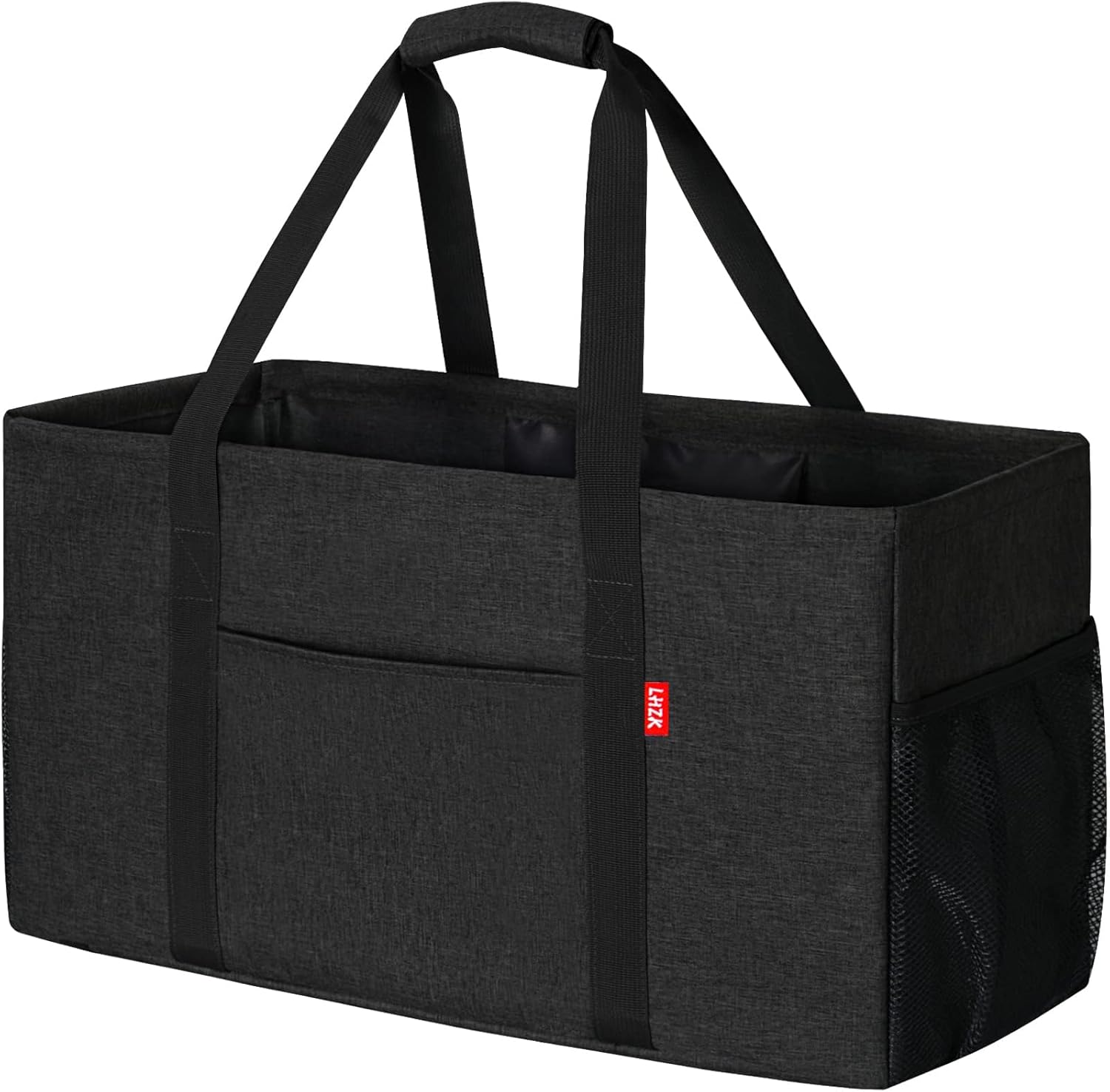 LHZK Standing Extra Large Utility Tote Bag with Metal Wire Frame and the Sides Rinforced, Extra Large Tote Bag with Handle, Reusable Grocery Bags Foldable, Beach Bag, Car Tote (Black)