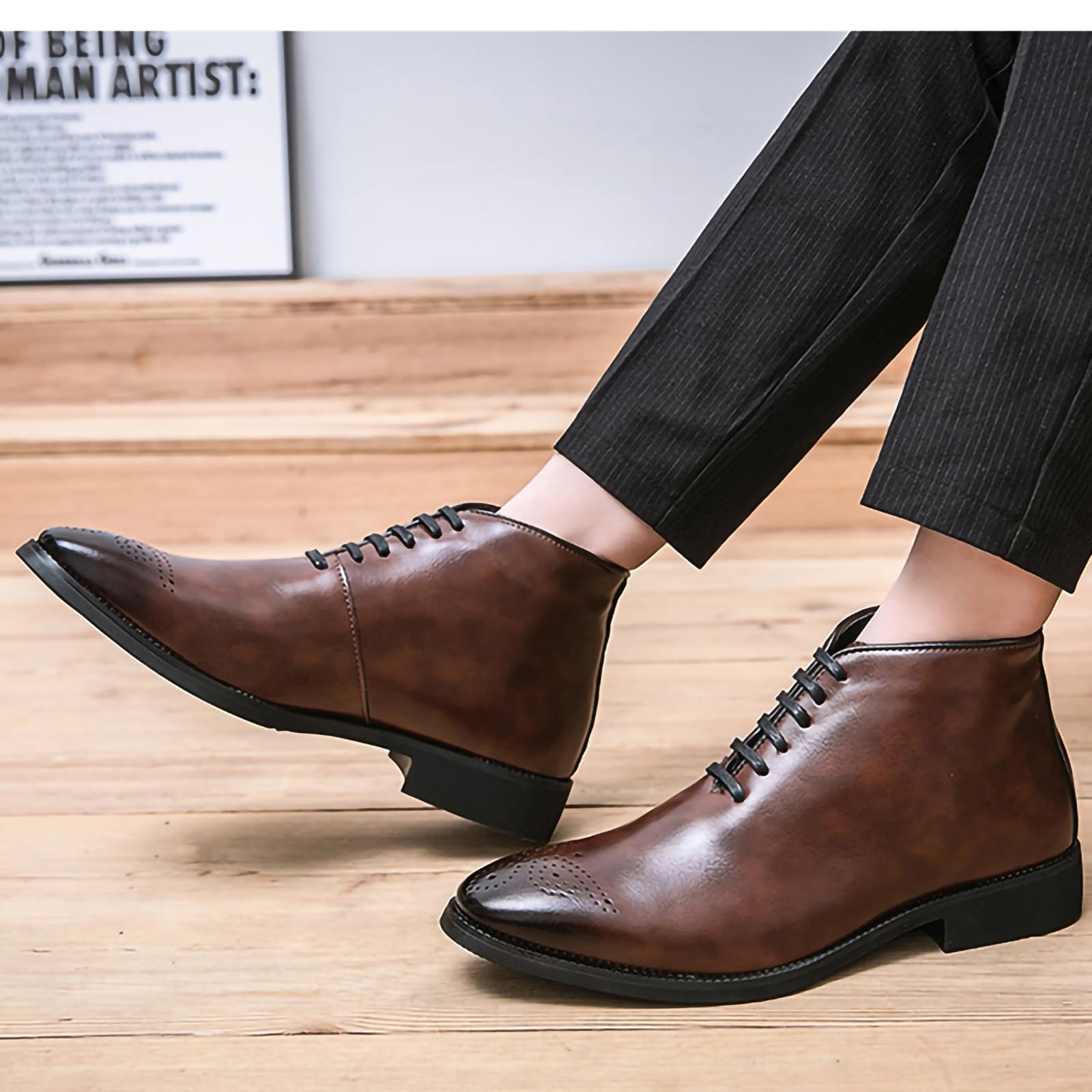 Męska sukienka biznesowa buty Oxford Casual PU Leather Chukka buty retro brytyjskie codzienne praca biuro botki dla mężczyzn, Brązowy, 38 EU