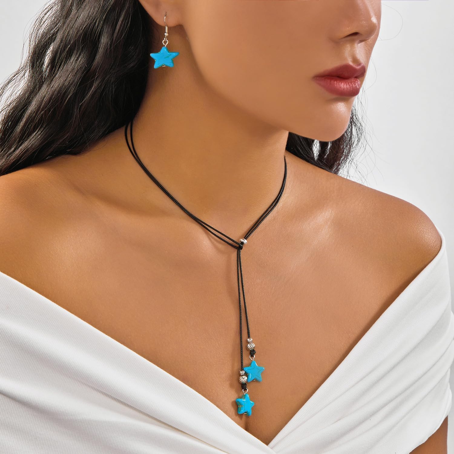 Caiyao Bohemian Natural Turquoise Necklace Earring Set Handmade Vintage Western Cowgirl Cowboy Turquoise Star Cross Heart Pendant Necklace for Women Ethnic Tribal Jewelry Gifts - Image 8