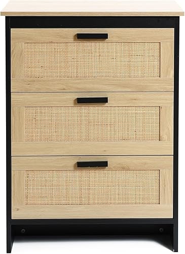 LuxenHome - Cofre de ratán con 3 cajones de madera negra y marrón