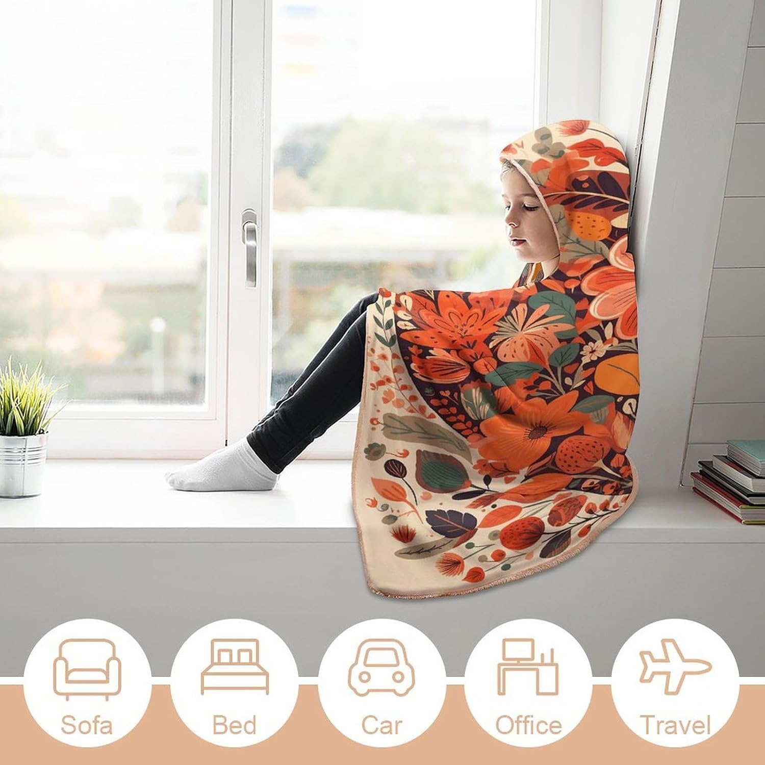 Folk Style Flowers Hooded Blanket Cozy And Functional,Wearable Blanket Hoodie for Women Men,Blanket Poncho Presents60 x80