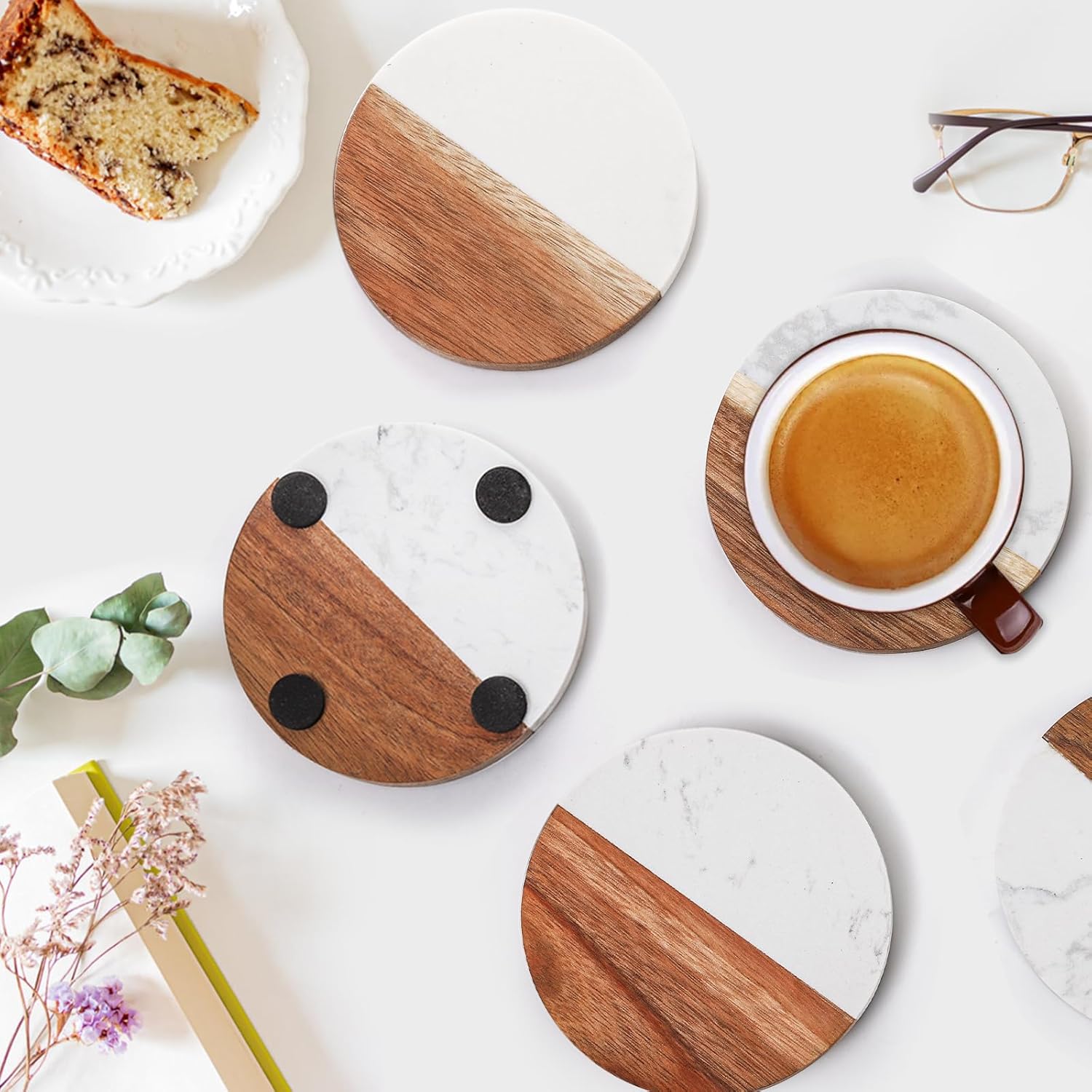 ZENFUN 6 Packs Marble Wood Coasters, Round Coaster, Handcrafted Artificial Marble Coasters Set for Your Drinks and Beverages, Tea, Coffee, Wine/Bar Glasses, Tabletop Protection Helper - Image 5
