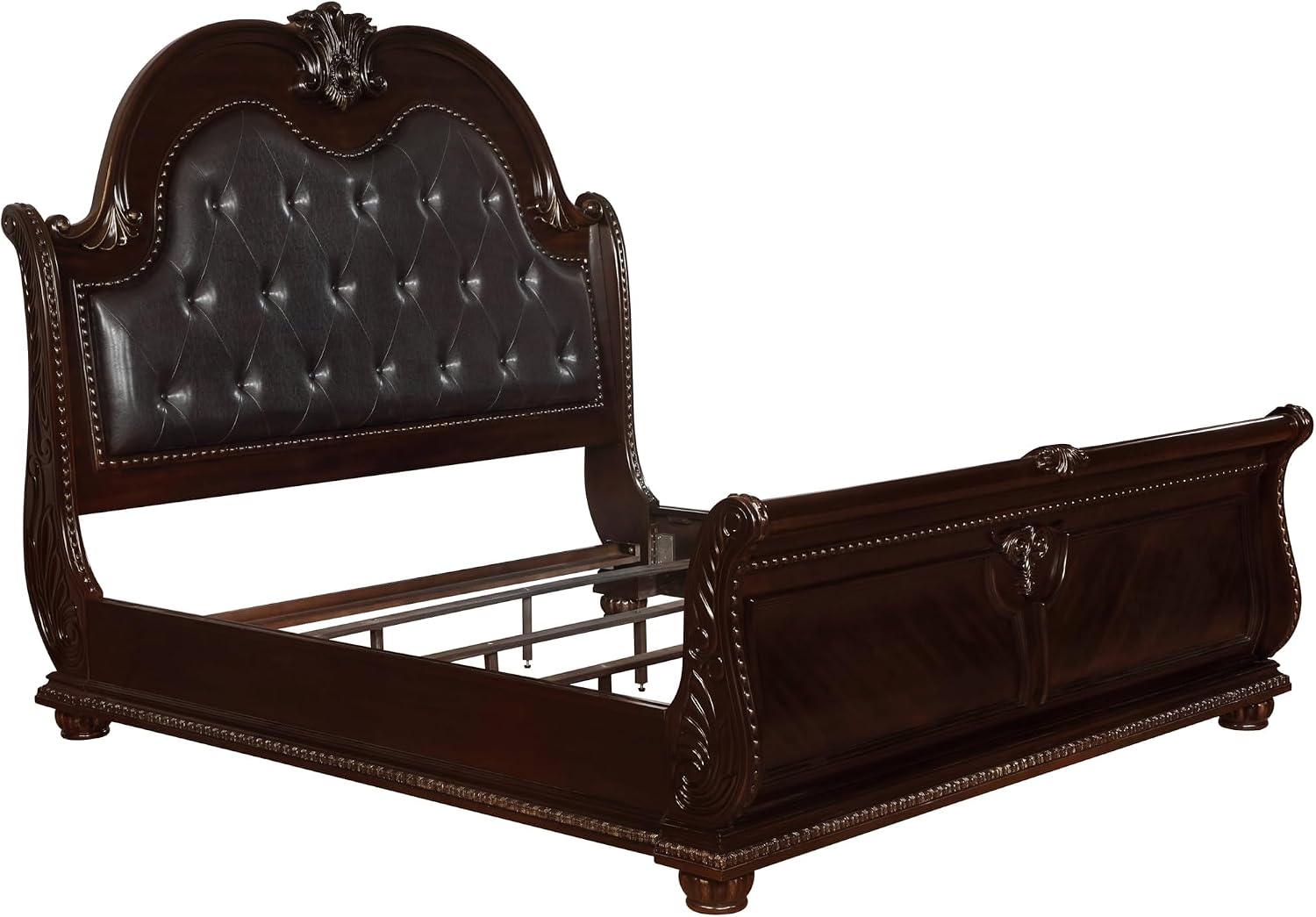 Vintage Bed Frame King Size - Classic Sleigh Bed with Faux Leather Tufted Headboard, Traditional Solid Cherry Wood Antique Bed with Carved Pattern and Nailhead Trim for Bedroom Furniture, Brown