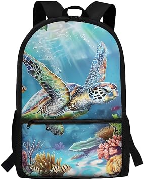 Sea Turtle School Bookbag for 5th Grade Girl 17 Inch School Bag with Side Water Pocket Large Capacity Backpack for Elementary Middle School 8-10 School Book Bags for Kids