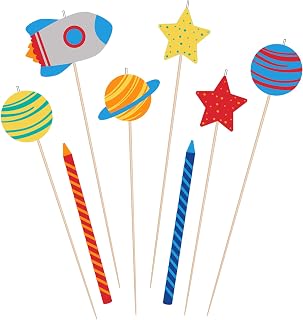 Multicolor Blast Off Birthday Candle Mix - 8-Piece Set, 2 Spiral Candles (4") & 6 Pick Candles (4.9" & 5.9") - Vibrant Party Decorations for Cakes & Celebrations