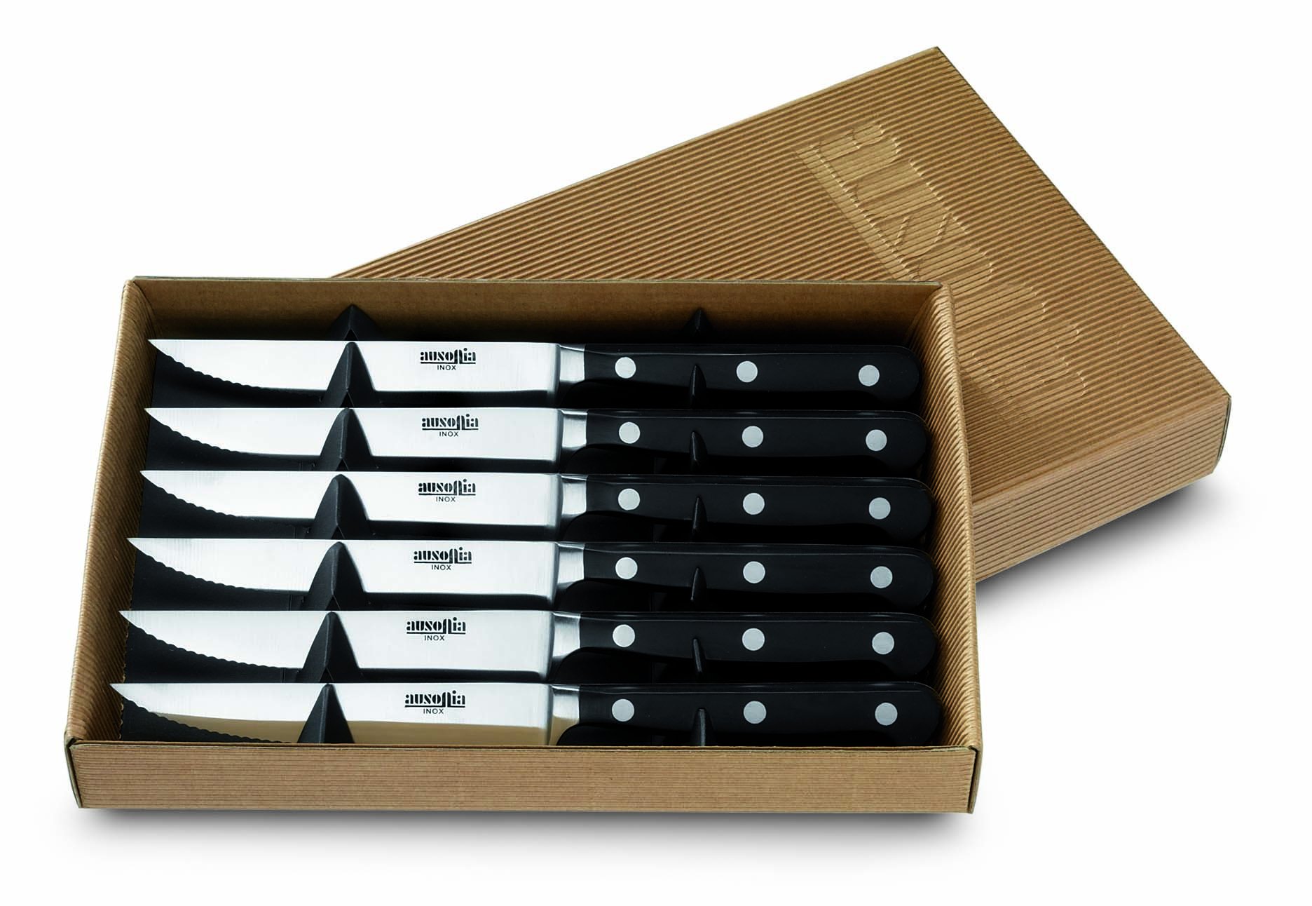 AUSONIA Set coltelli forgiati da cucina per taglio carne bistecca e pizza con lama Cm 12 in confezione cartone da regalo contenente 6 pezzi