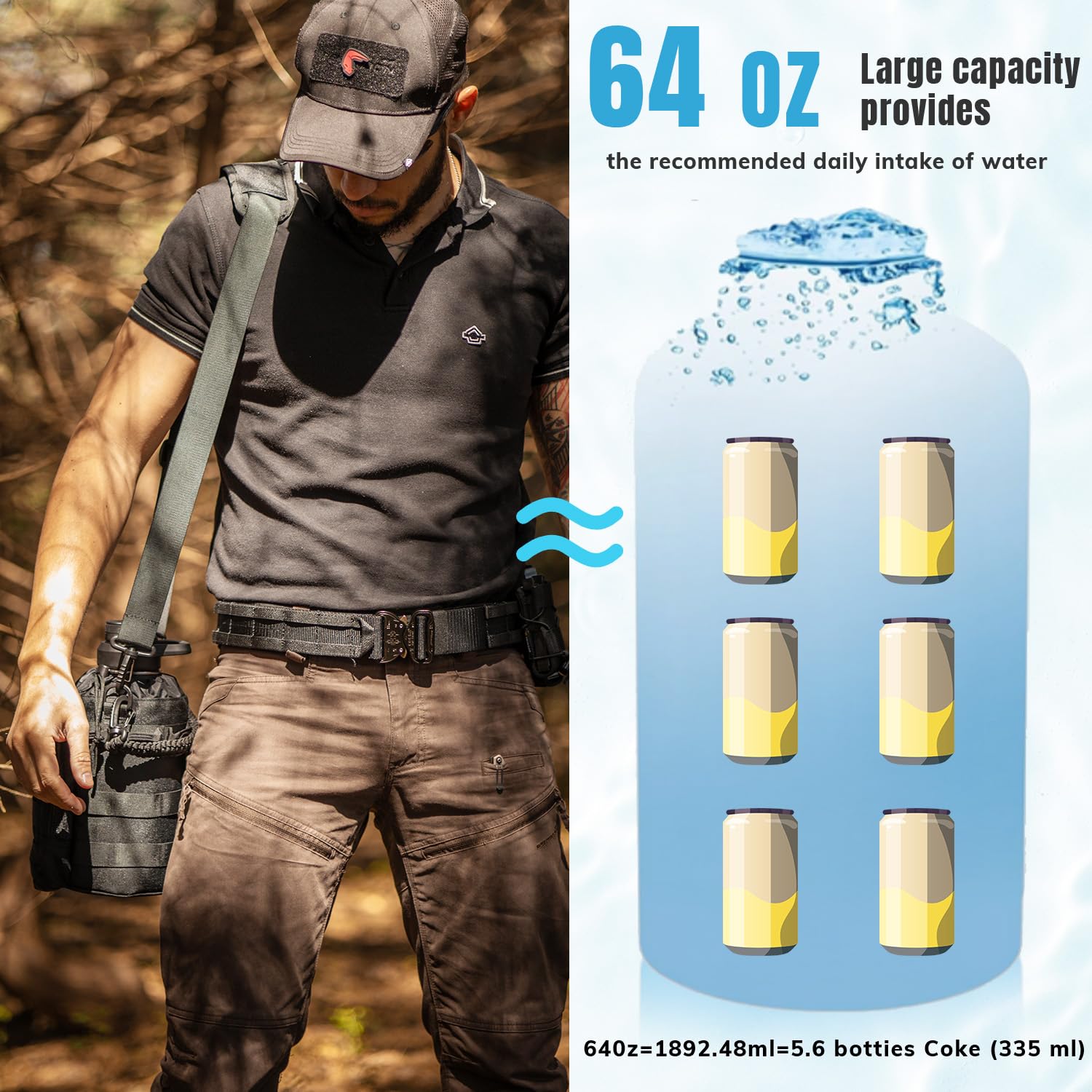 VOTAGOO Taktische Wasserflasche, 1,8 l – Isolierte Wasserflasche aus Edelstahl, Militärflasche aus Metall mit robuster, abnehmbarer Hülle, taktische Tragetasche für Wandern, Camping, Jagd