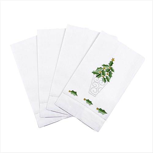 Vista 19 de Saro Lifestyle Holly Leaf Garland - Toalla de invitados de lino con dobladillo bordado de Navidad (juego de 4), color blanco, 14 x 22 pulgadas