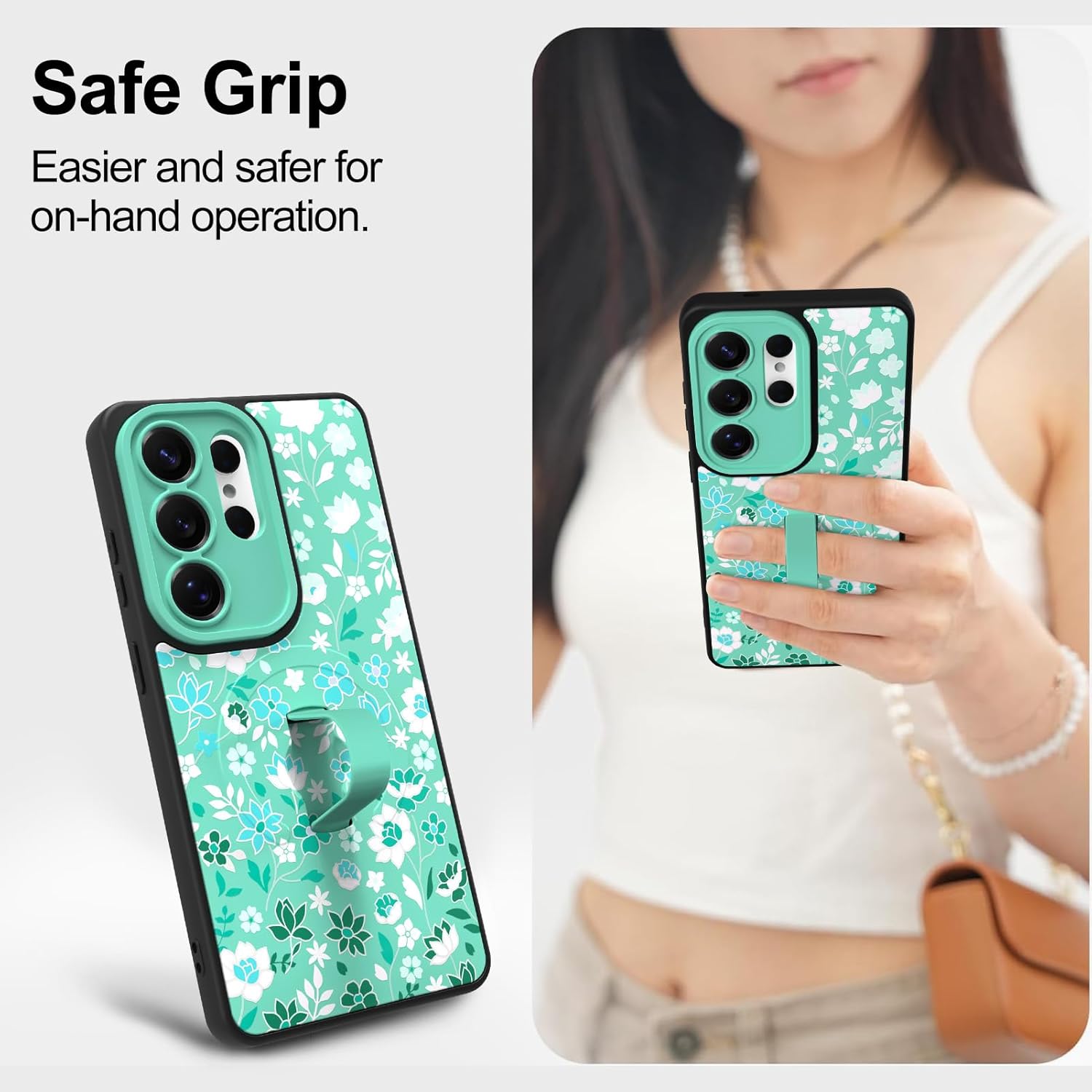 Magnetic for Samsung Galaxy S26 Ultra Case with Finger Strap Stand, Compatible with Magsafe, Trendy Floral Flower Phone Case for Women Men Shockproof Cover for S26 Ultra, Green Flowers