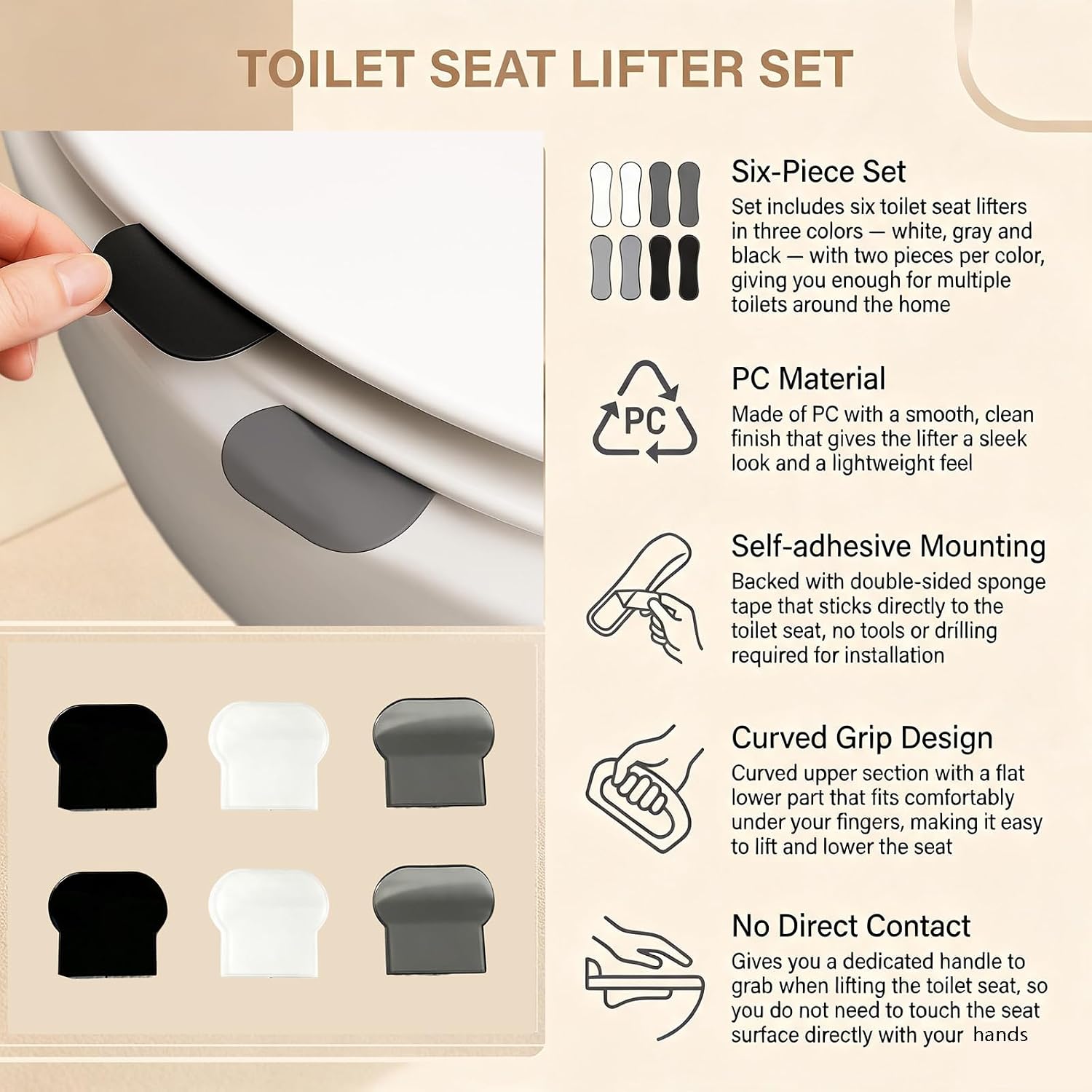 6 Pcs Toilet Seat Lifters,3 Color Plastic Self Adhesive Lift Tab image 3