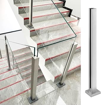 IBOWZ Glass Railing Post,Stair Post Sliver Glass Railing Post Square, Stainless Steel Glass Railing System with Complete Kit, Outdoor Pool Fence Panels Post/Baluster Post