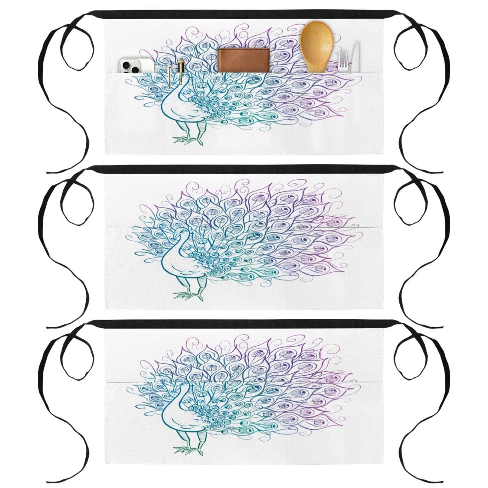 Demi-tablier court paon multicolore à 3 poches pour restaurant - 8