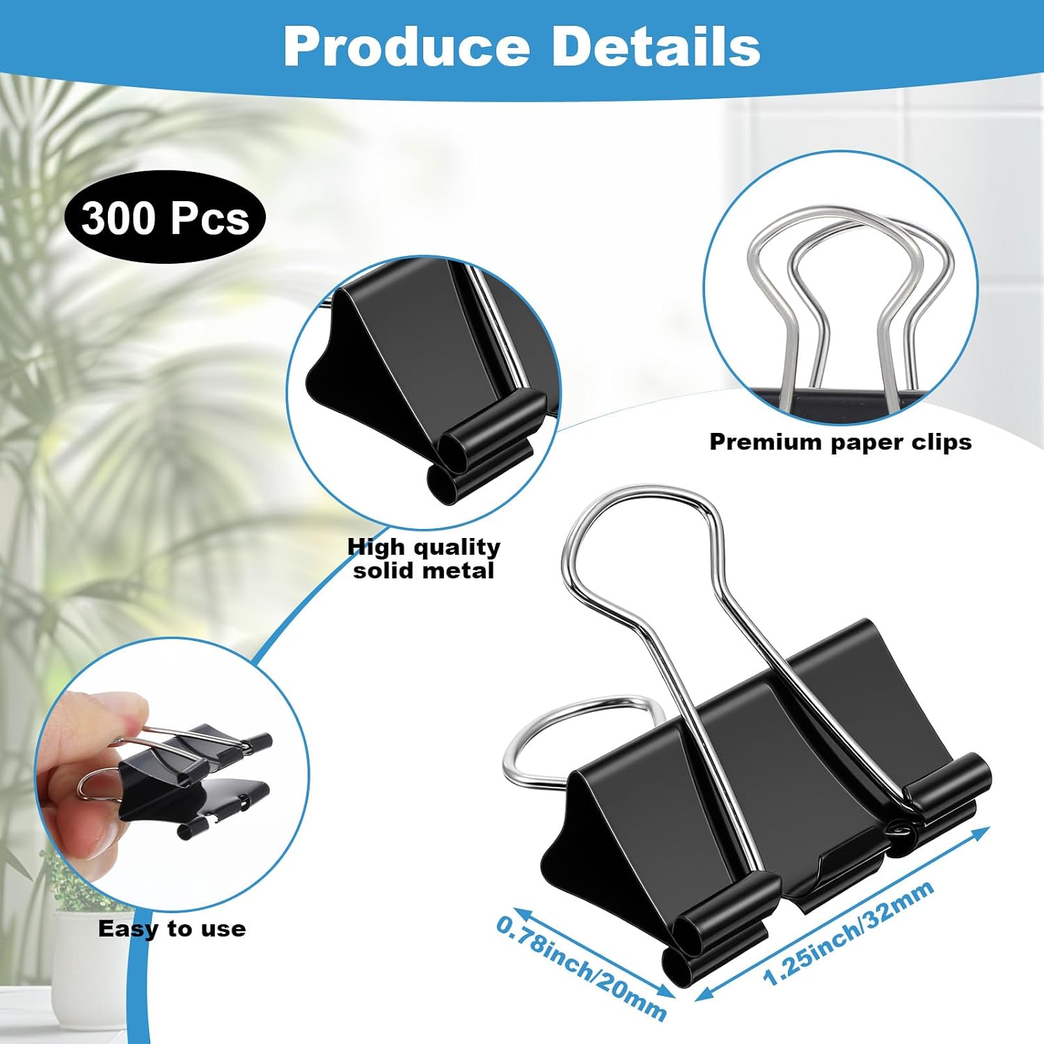 300 Pcs Medium Binder Clips, 1.25 Inch Black Paper Clips Office Supplies Paper Clamps for Teachers Home Business Paperwork Supplies