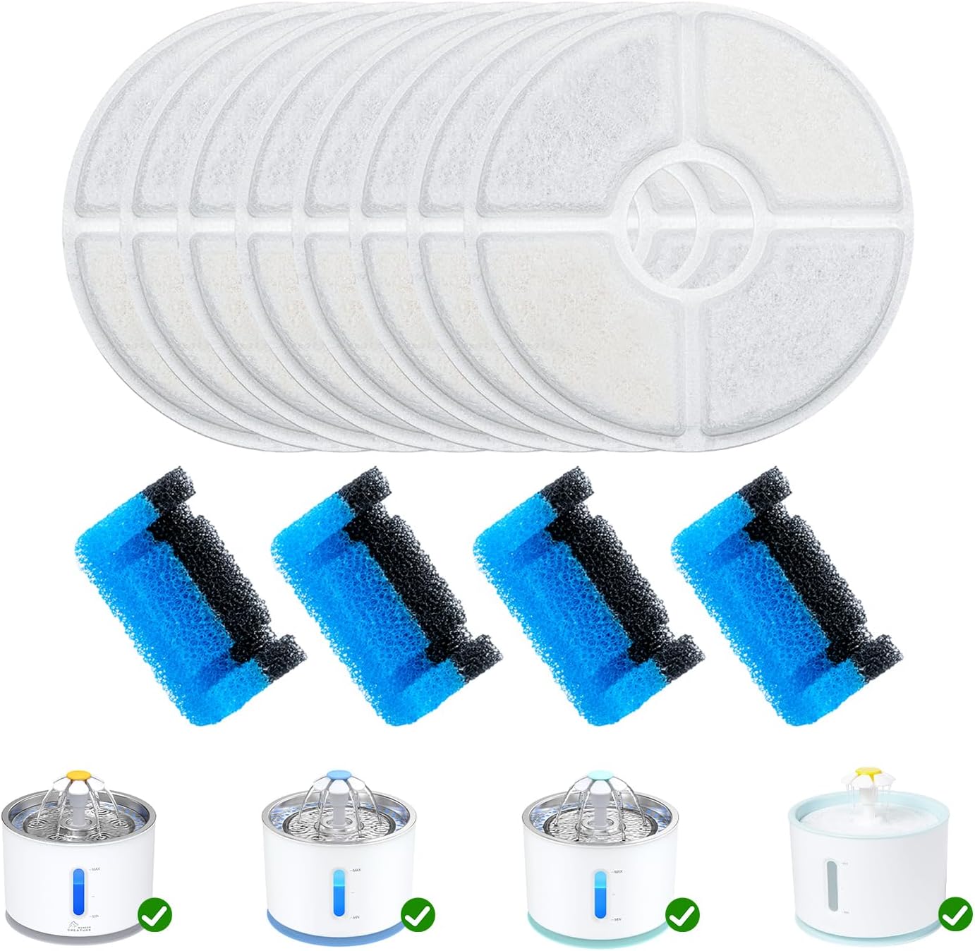 Wonder Creature Cat Water Fountain Filter Replacement, 8 Round Carbon Filters and 4 Upgraded Pre-Filter Sponges for Round Stainless Steel Top Cat Fountain