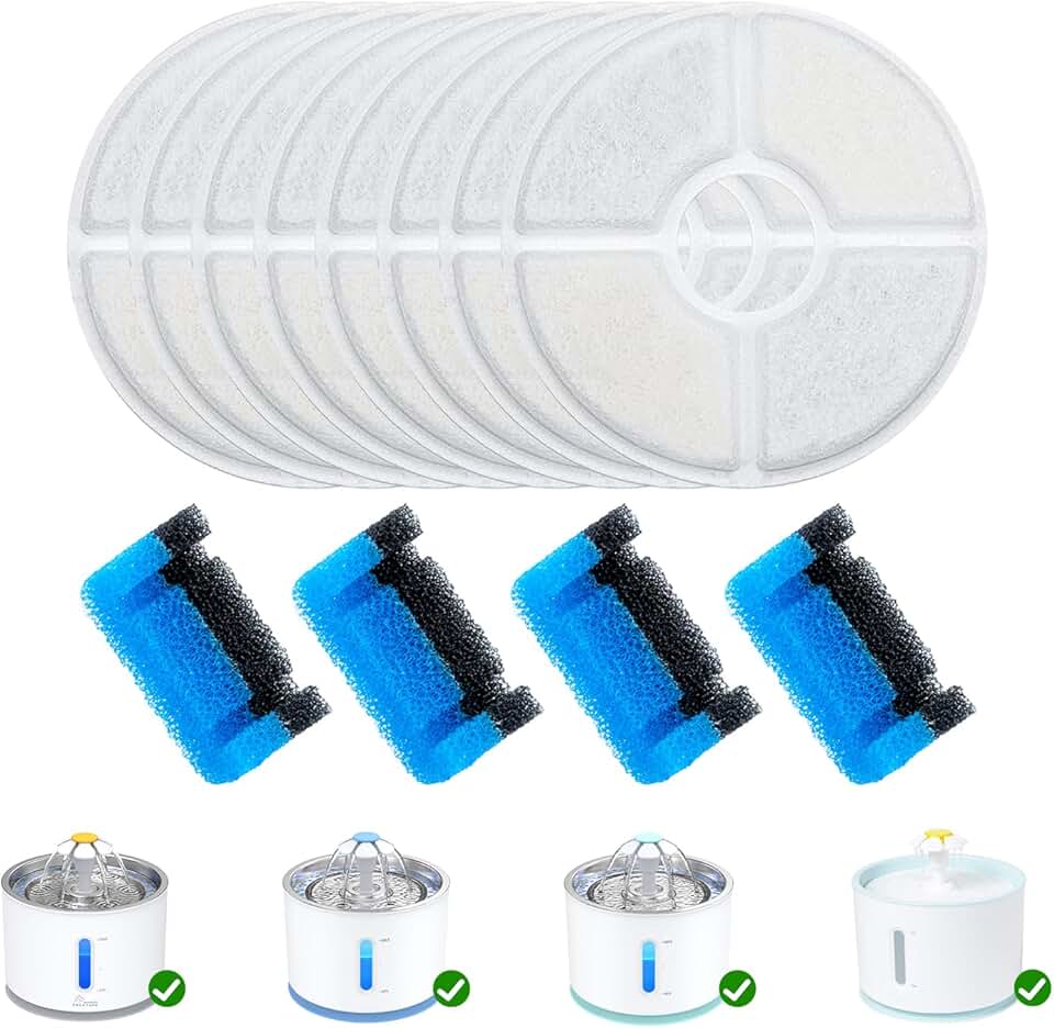 Wonder Creature Cat Water Fountain Filter Replacement, 8 Round Carbon Filters and 4 Upgraded Pre-Filter Sponges for Round Stainles