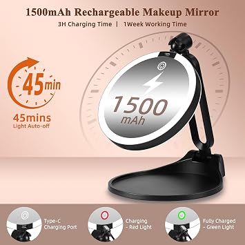 20X/1X Makeup Magnifying Mirror with Lights, 6inch Double-Sided 1X/20X Makeup Magnified Mirror Desktop LED 20X Magnification 3 Color Dimmable Light, Rechargeable Battery, 360 Rotation Folding Bracket