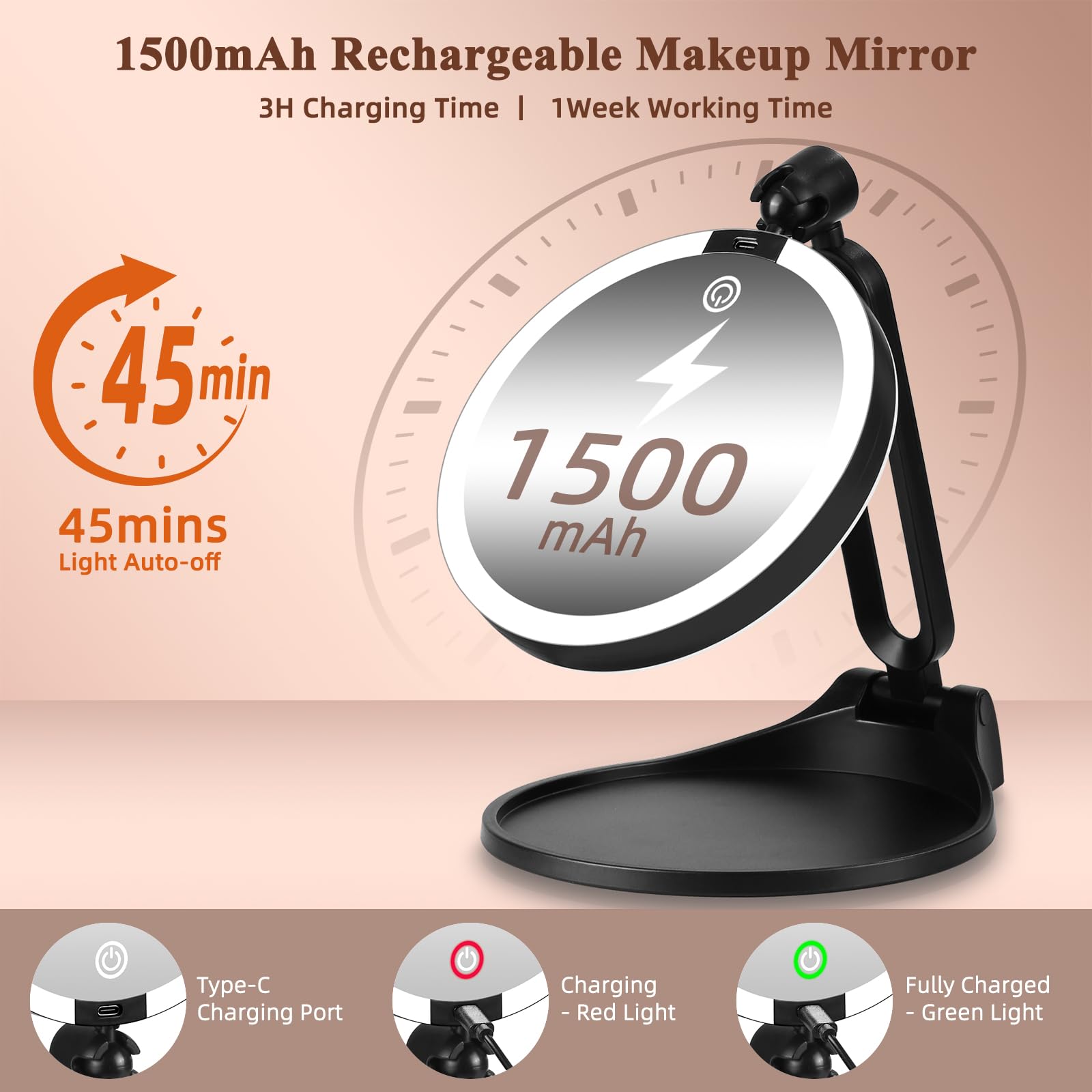 Espejo de maquillaje con aumento iluminado 30X/1X, espejo de maquillaje de doble cara con aumento 1X/30X y 3 luces de colores, espejo de escritorio recargable con aumento 30X y rotación de 360°