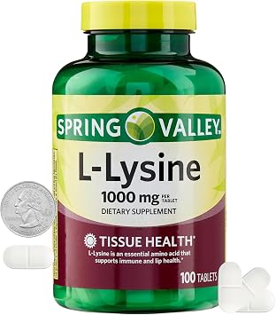 L Lysine 1000mg Tablets, Super Lysine Immune Support & Healthy Skin, High-Potency Lysine Supplement, Spring Valley 100 Count