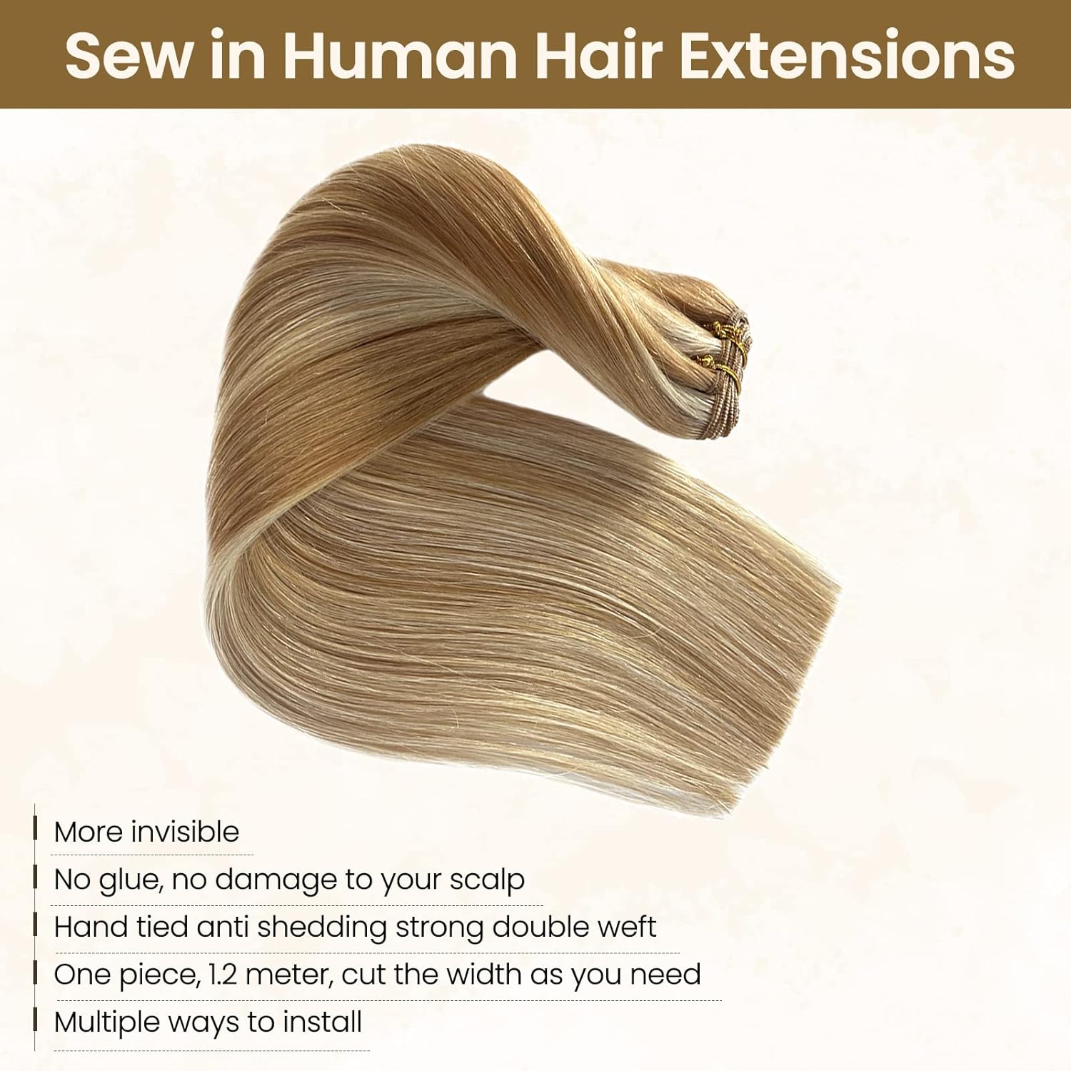 Sew in Hair Extensions Real Human Hair Hand Tied Weft Hair Extensions Human Hair 24 Inch 120 Gram Balayage Caramel Blonde to Bleach Blonde Sew in Wefts Hair Extensions Human Hair Bundles Double Weft