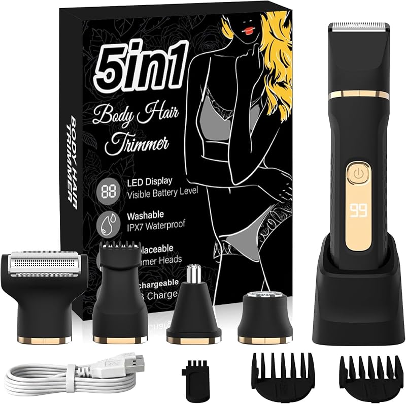 Aparador elétrico feminino KINGTEE 5 em 1 com 5 cabeças substituíveis, base de carregamento USB, preto