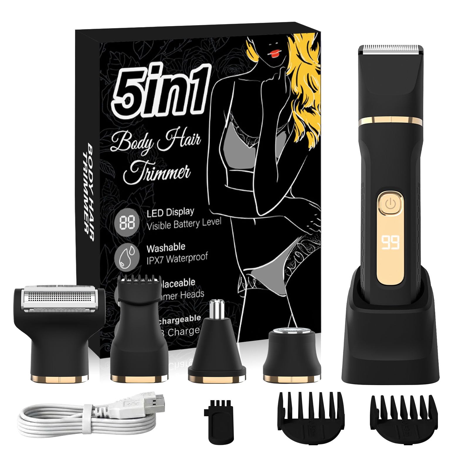 5-in-1 Elektrischer Damenrasierer, Bikini-Trimmer für Damen, wasserdicht, Schamhaar-Trimmer für Damen, Herren, Gesicht, Schamhaar, Rasur, mit 5 austauschbaren Klingenköpfen, USB-Aufladedock, Schwarz