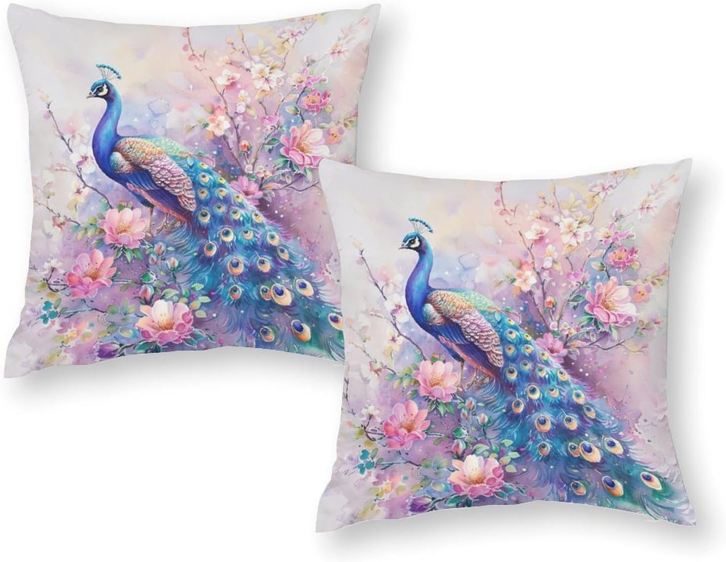 2 Packs Peacock Fantasy Throw Pillow Covers for Living Room, Watercolor Floral Leaf Feather Pillow Covers Cushion Case for Couch Sofa Bed, 20x20 inch