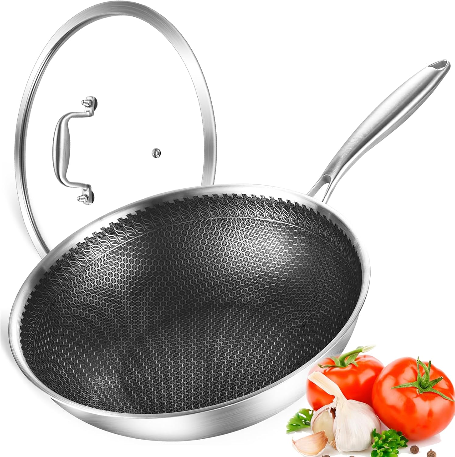 DELARLO 12" Nonstick Wok Pan With Lid, Tri-Ply Stainless Steel Saute Pan with Lids, 600F, 5QT Deep Frying pan, Induction Wok Nonstick,Woks & Stir-Fry Pans