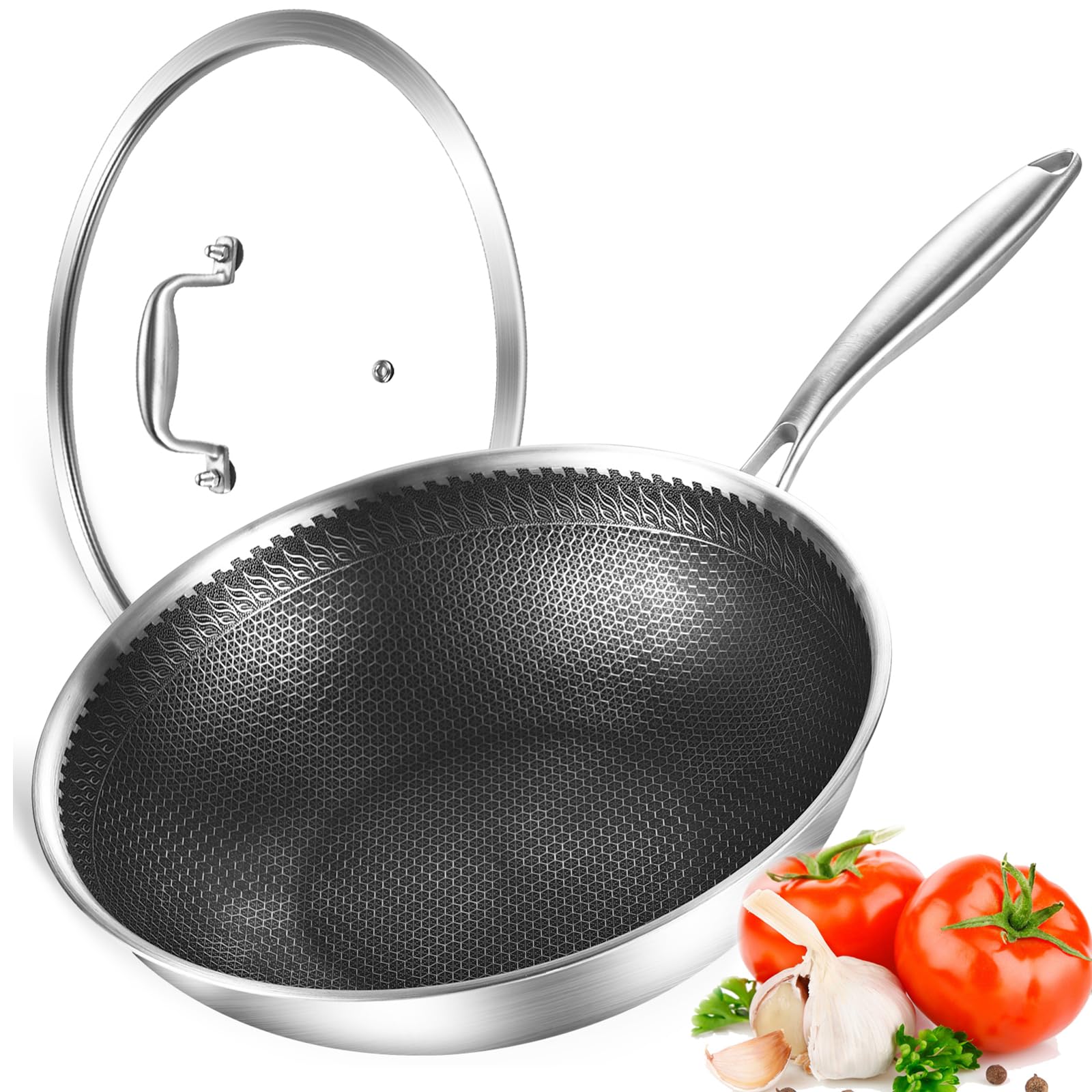 DELARLO12" Nonstick Wok Pan With Lid, Tri-Ply Stainless Steel Saute Pan with Lids, 600℉, 5QT Deep Frying pan, Induction Wok Nonstick,Woks & Stir-Fry Pans