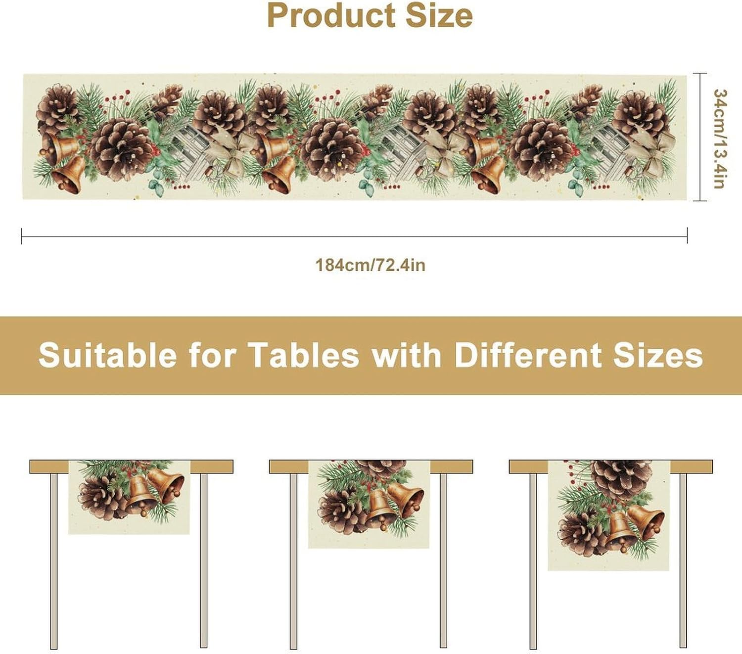 Merry Christmas Table Runner, Green Winter Xmas Snowflakes Pine Forest Watercolor Kitchen Dining Decor, Seasonal Table Scarf for Holiday Living Room Home Party Decor 13x72