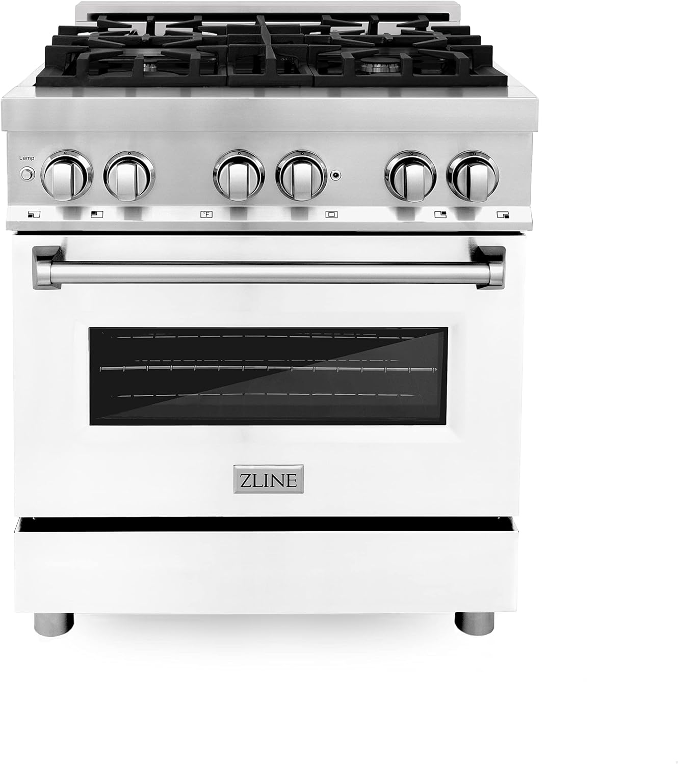 ZLINE 30 in. 4.0 cu. ft. Legacy Dual Fuel Range with 4 Burner Gas Cooktop and Electric Convection Oven in Stainless Steel and White Matte Door (RA-WM-30)