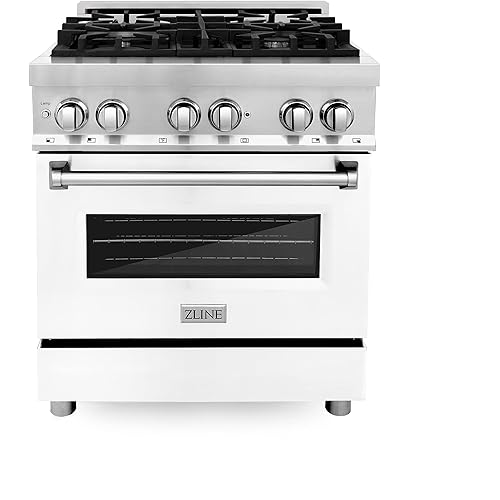 ZLINE 30 in. 4.0 cu. ft. Legacy Dual Fuel Range with 4 Burner Gas Cooktop and Electric Convection Oven in Stainless Steel and White Matte Door (RA-WM-30)