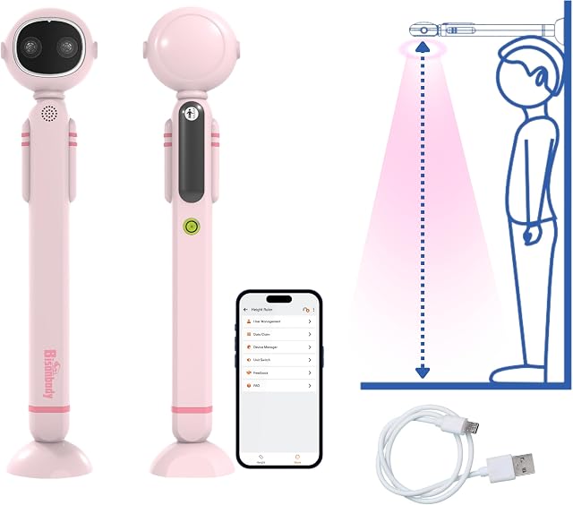Outil de mesure de hauteur numérique intelligent pour les enfants avec application – Stadiomètre sans fil portable, capteur double ultrasonique, suivi de croissance, LED Affichage & Thermomètre de chambre, design d'astronaute mignon (Pink)