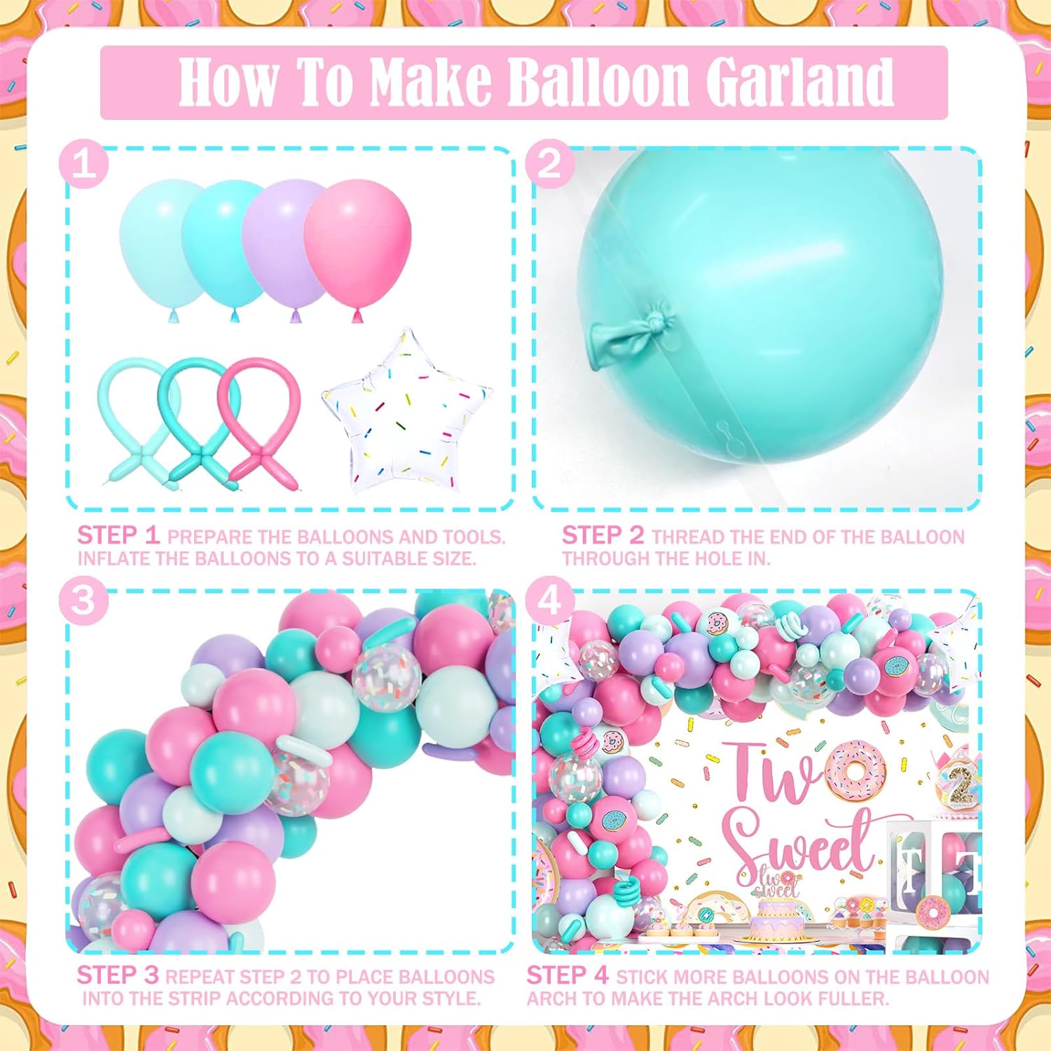 134 PCs Two Sweet Party Decorations - Fiesec Donut Second Birthday Party Decorations, Includes Latex & Foil Balloons, Backdrop, Banner, Cake & Cupcake Toppers, Tableware & More