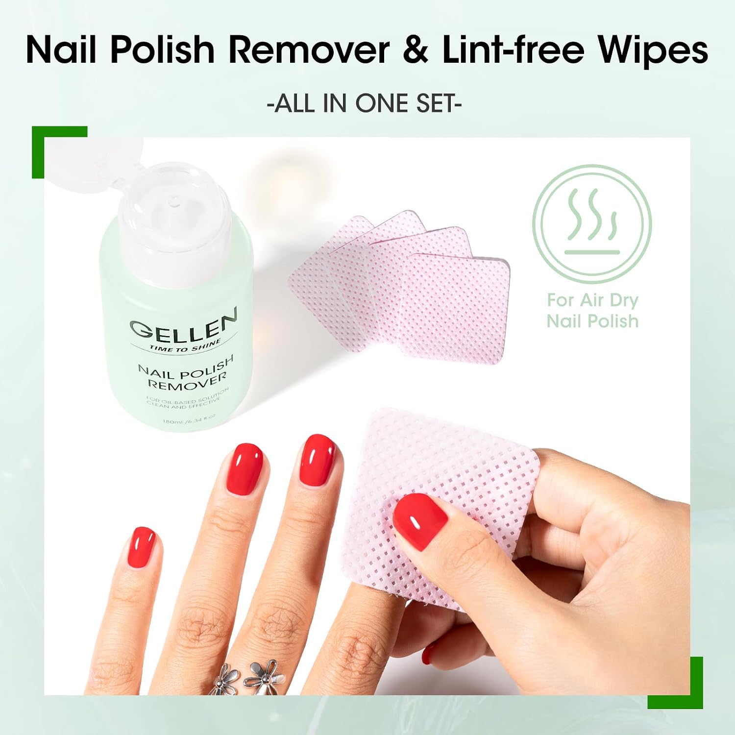 Gellen Nail Polish Remover with Lint Free Nail Wipes, 6.1 Fl.Oz Non Acetone Polish Remover Jasmine Scent, 200PCS Soft Non-Woven Nail Polish Remover Pads in One Kit for DIY at Home Salon Nail Supplies